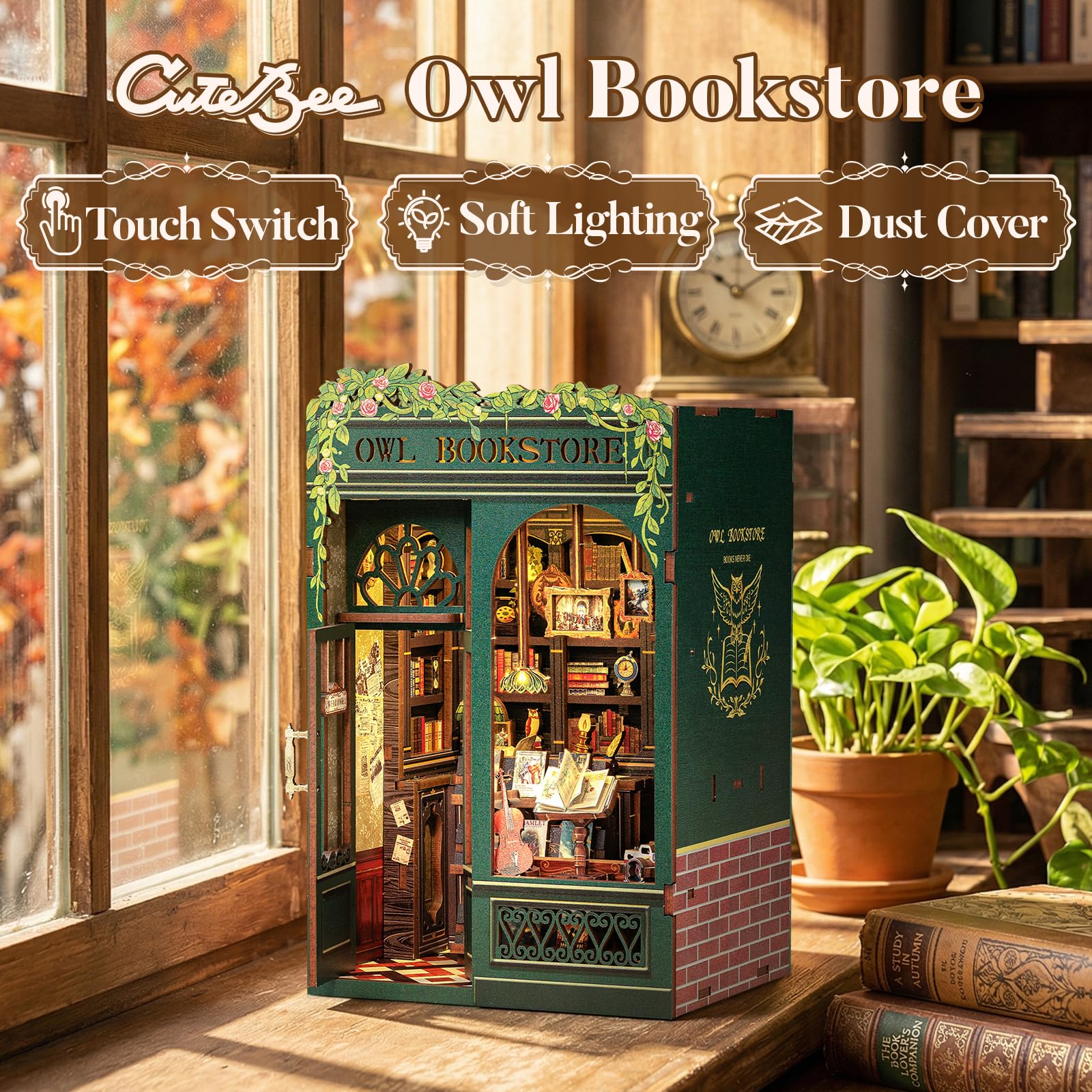 CUTEBEE Book Nook Kit - Casa Bambole in Miniatura da Costruire, Own Bookstore Booknook Puzzle in Legno 3D, Set Creativo per la Decorazione della Libreria, Regali per Familiari e Amici