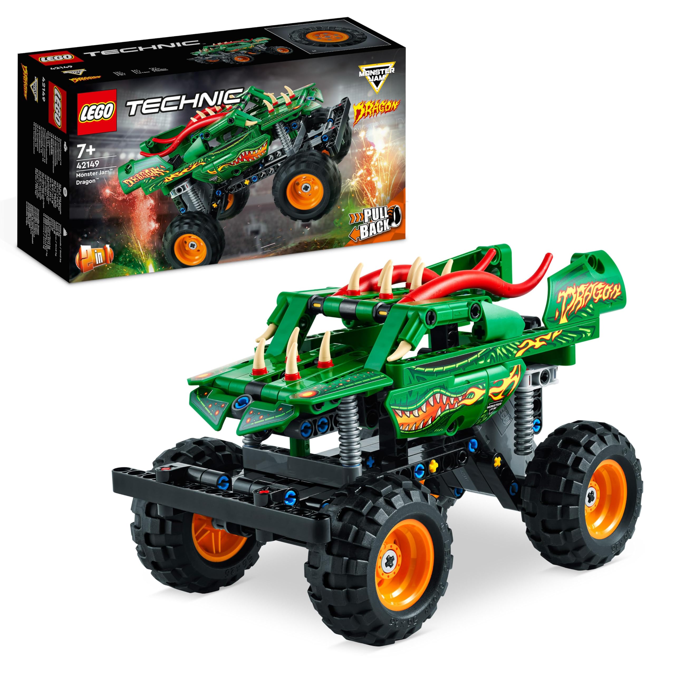 42149 Technic Monster Jam Dragon Monster Truck Toy for Boys and Girls, 2in1 Racing Pull Back Car Toys for Off Road Stunts, Kids Birthday Gift Idea