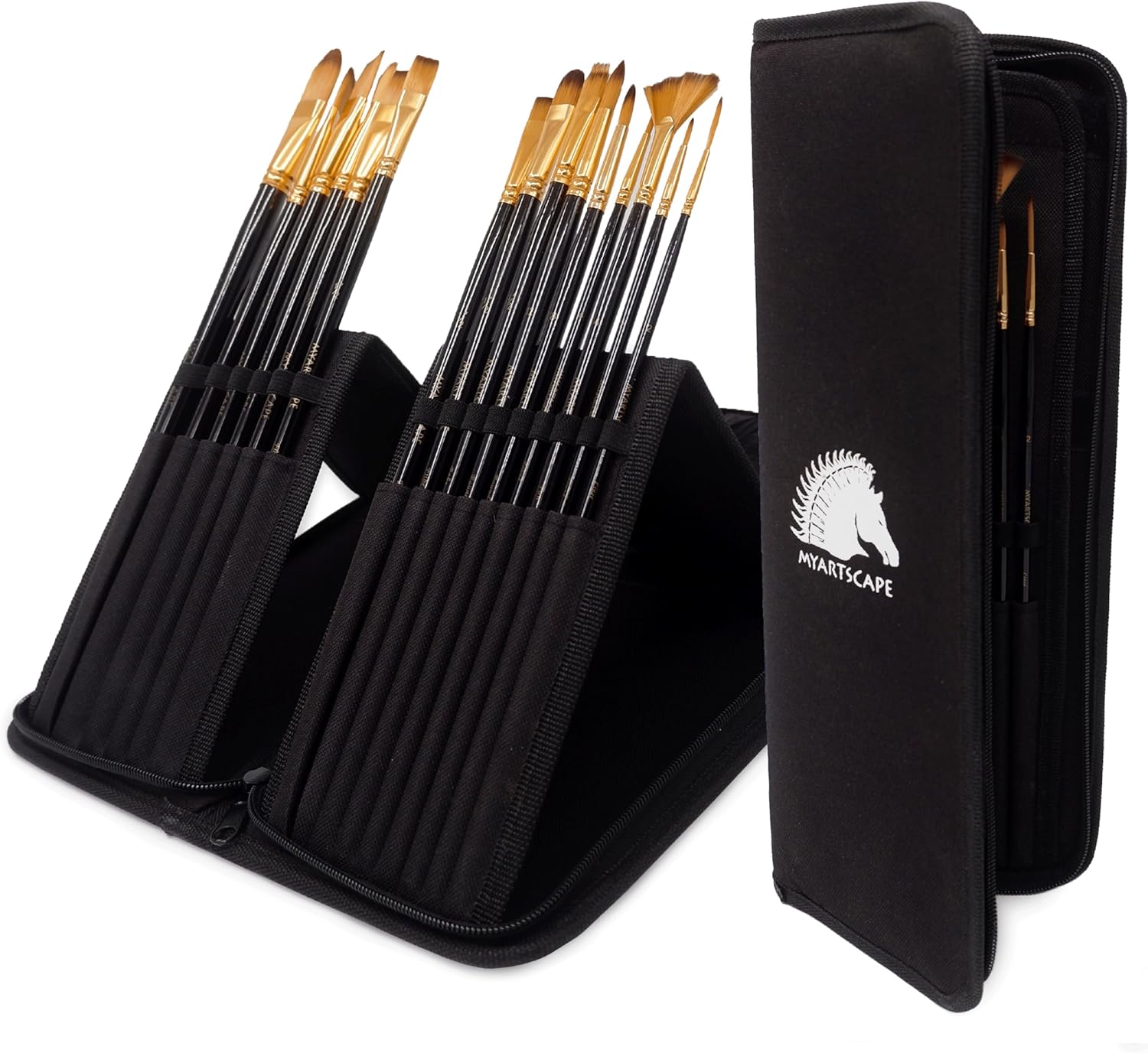 MyArtscape Paint Brushes - 15 Pc Brush Set for Watercolor, Acrylic, Oil & Face Painting | Long Handle Artist Paintbrushes with Travel Holder (Black) with Gifting Box | Premium Art Supplies