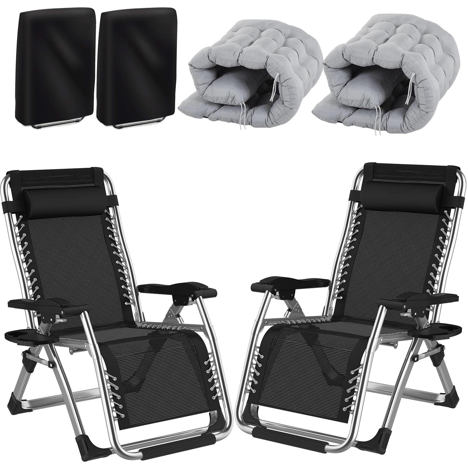 2Pcs Tumbonas Jardin Exterior,Tumbona Plegable con Cojín Acolchado, Funda Sillas Jardin, Reposacabeza ExtraíBle y Portavasos, Sillas Plegables Ajustable Tumbona Playa Máxima 240 Kg,Gris