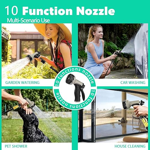 Miniatura 5 de Manguera de jardín, manguera de agua, manguera para exteriores con boquilla de 10 funciones, a prueba de fugas (100 pies)