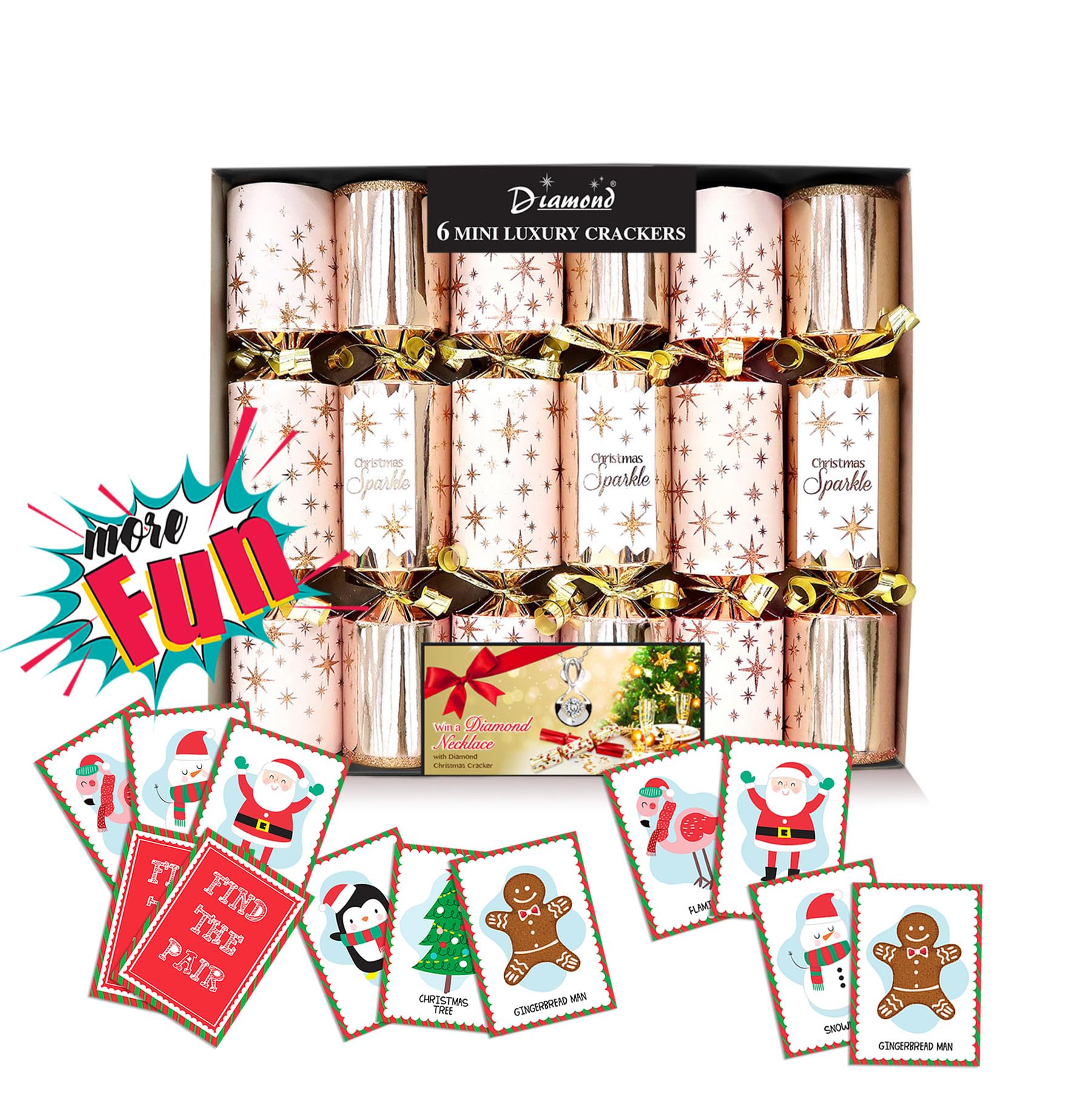 Diamond Christmas Cracker Rose Gold Diamond 6 X 8In Sparkling Stars Christmas Crackers With Luxury Contents + 18Pcs Of 'Find The Pair' Card Game