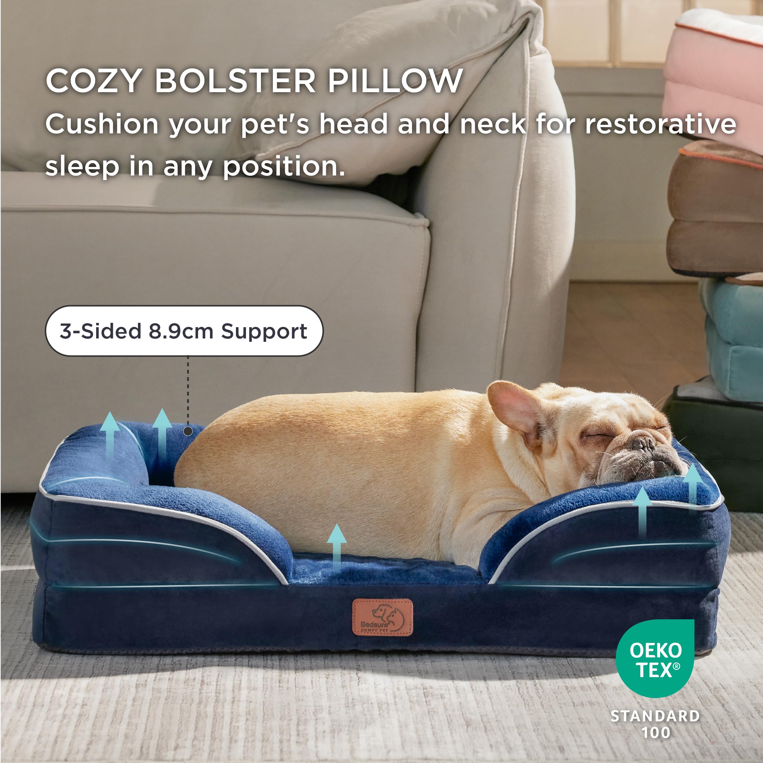 Bedsure Letto per Cani Grande 71x58x16.5cm - Divano per Cani Taglia Grande in Uovo Foam, Colore blu, Cuscino per Cani Sfoderabile e Lavabile