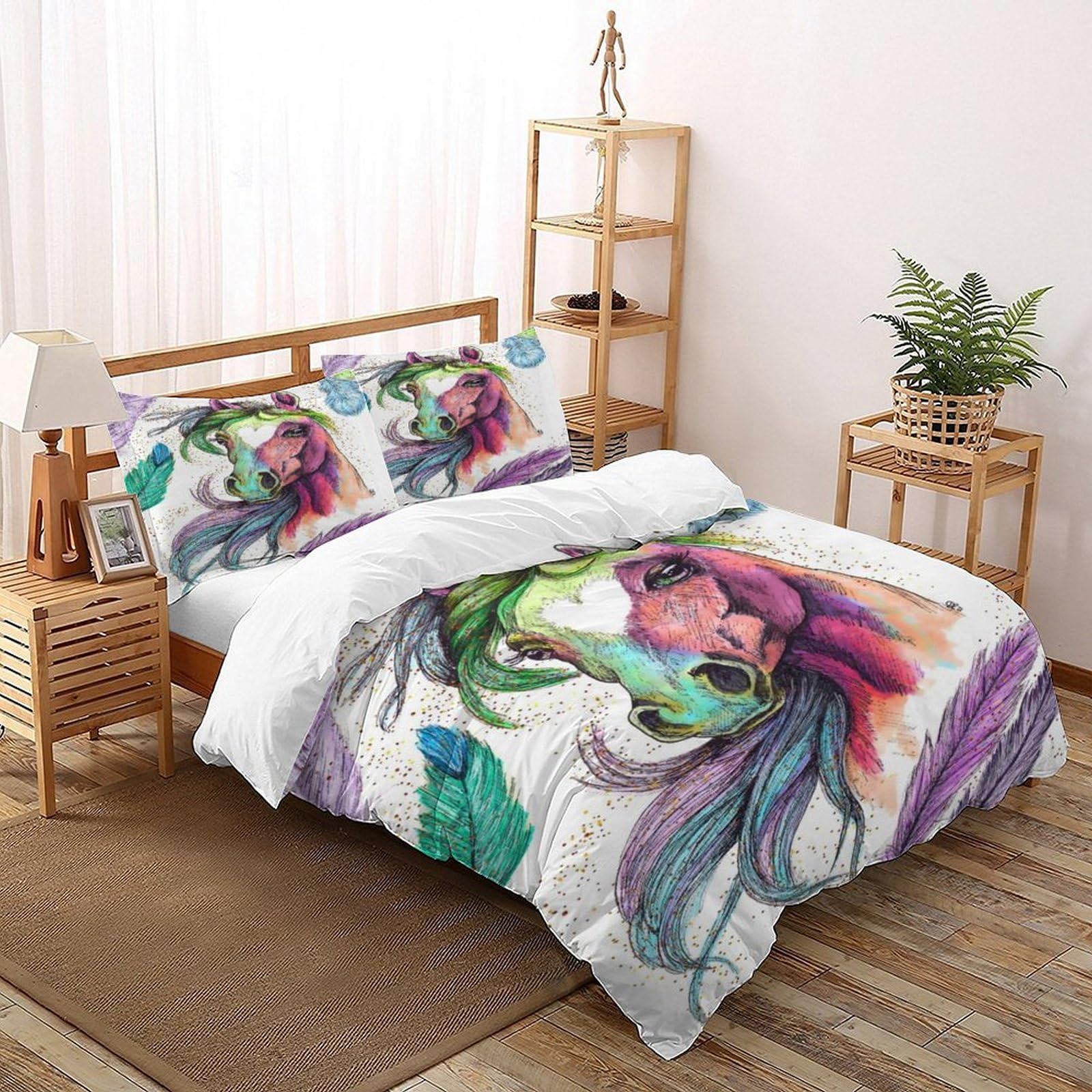 Parure de lit microfibre douce et confortable housse de couette cheval imprimé 3 pièces