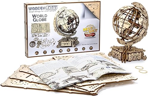 Miniatura 4 de WOODEN.CITY Rompecabezas de madera 3D World Globe para adultos, construye tu propio globo con motor de banda de goma, modelo de autoensamblaje,