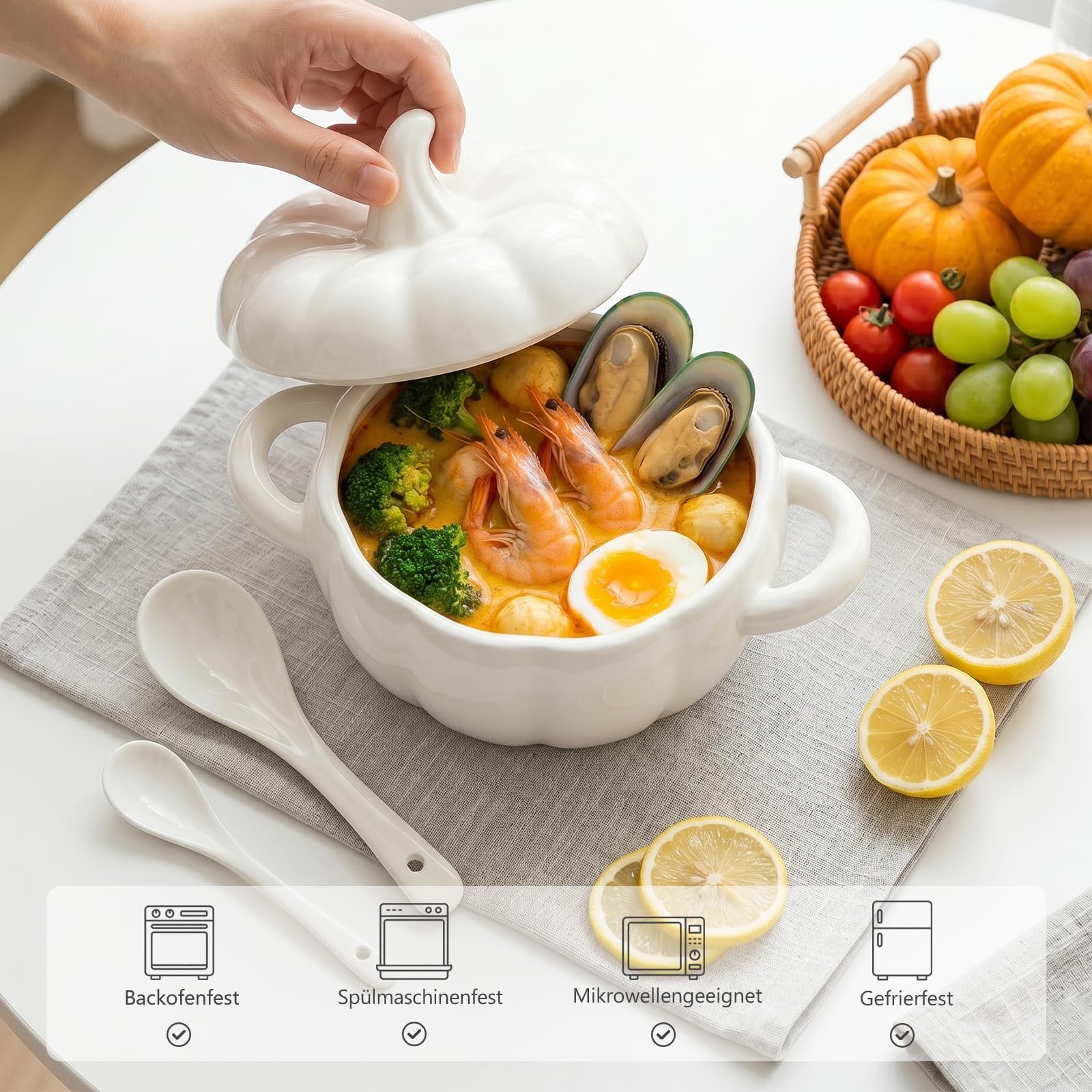 Justup Bol à soupe avec anse - 1,9 l - En céramique - Pot à soupe en forme de citrouille - Avec couvercle - Décoration d'Halloween - Batterie de cuisine pour la maison (blanc)