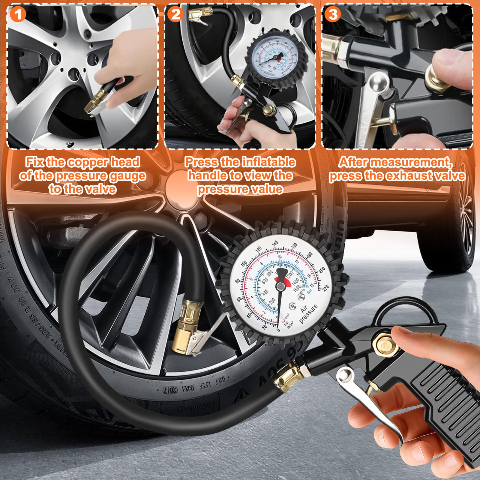 220 PSI Manómetro Neumáticos, Medidor Presión Digital Alta Precisión, Pistola Inflado con Manguera & 4 Tapones Válvula, Accesorios Compresor para Coche, Bicicleta, Camión, Motocicleta