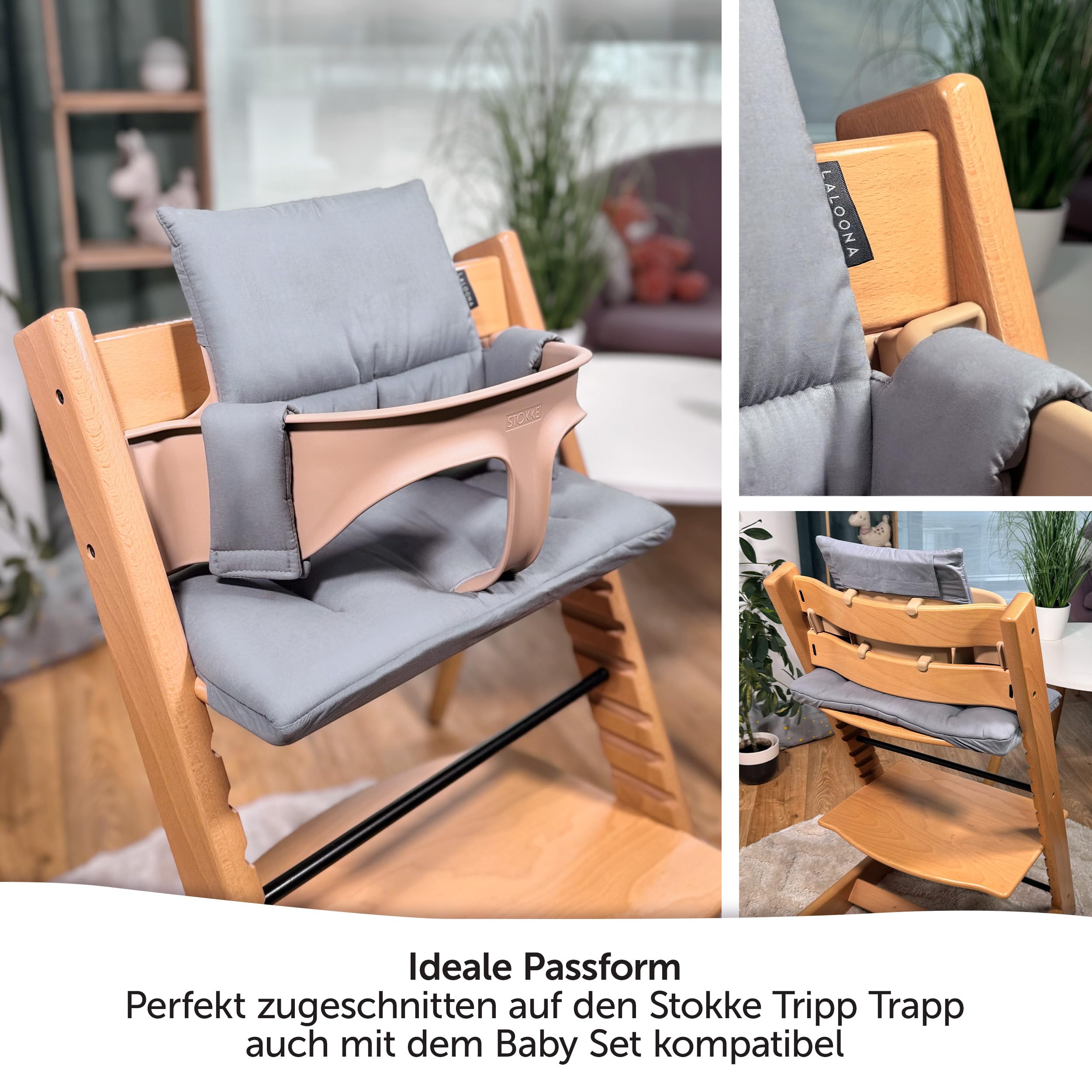 LaLoona Sitzauflage für Stokke Tripp Trapp - Grau beschichtet | 2 teiliges Sitzkissen / Hochstuhl Kissen abwaschbar, OEKOTEX Standard 100, maschinenwaschbar