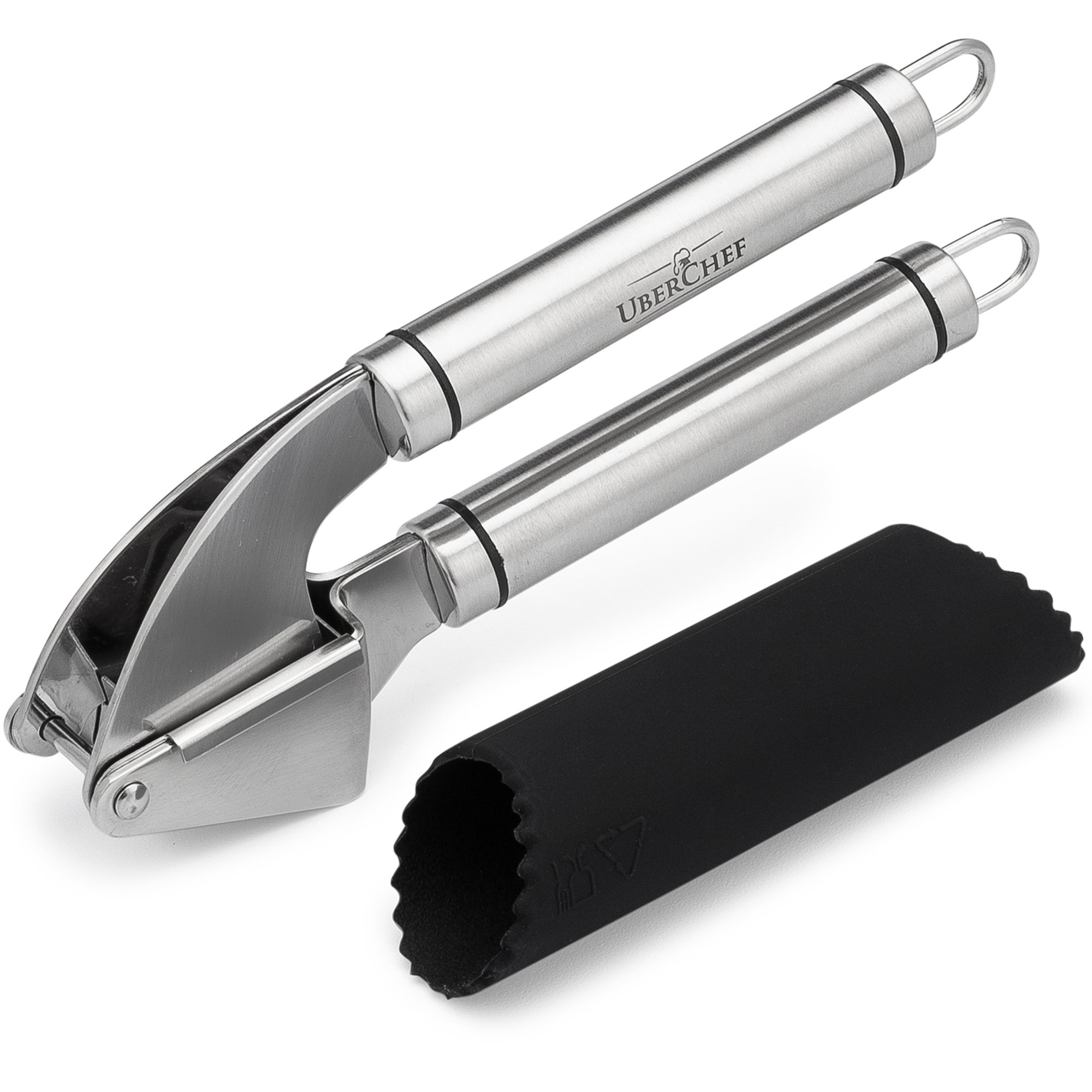 Professional Stainless Steel Garlic Press + Silicone Roll Peeler Set - Mince - Crush Garlic Cloves & Ginger with Ease - Best Mincer & Roller - Made of Sturdy 18/10 Stainless Steel