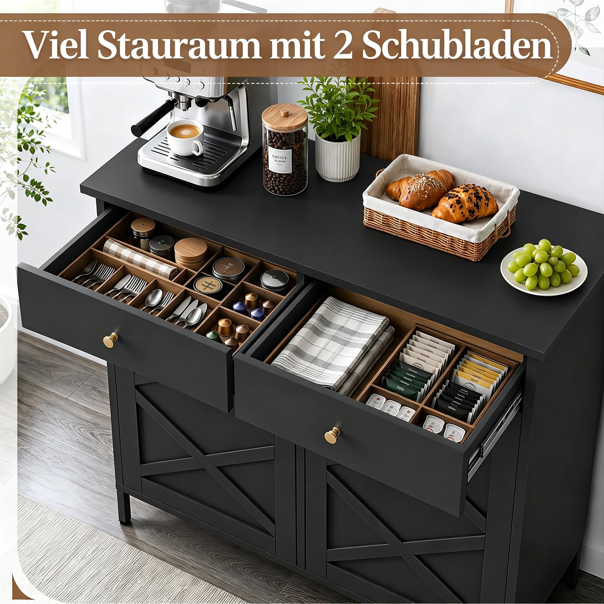 YODOLLA Mülleimer Schrank, doppelt klappbarer Küchenschrank | freistehende Kücheninsel mit Arbeitsplatte & 2 Schubladen, versteckter MüllSchrank, Küchenkommode für Küche und Wohnzimmer