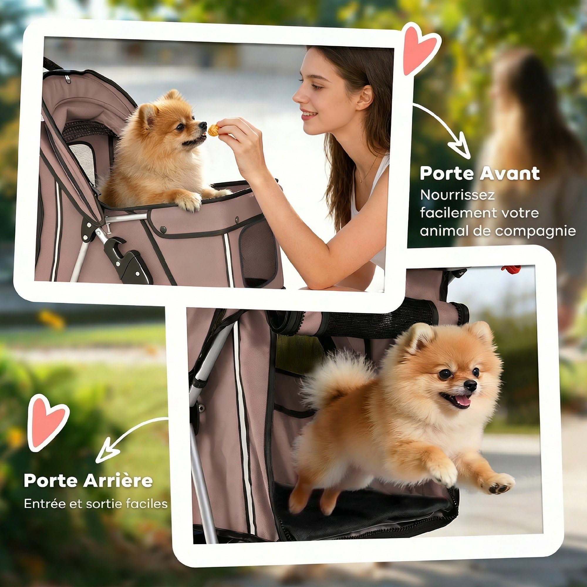 PawHut Poussette pour Chien 4 Roues, Chariot Pliable avec Frein, Auvent Réglable, Panier de Rangement, Porte-Gobelet, pour Petits Chiens et Animaux Agés, 77x44x102cm, Café