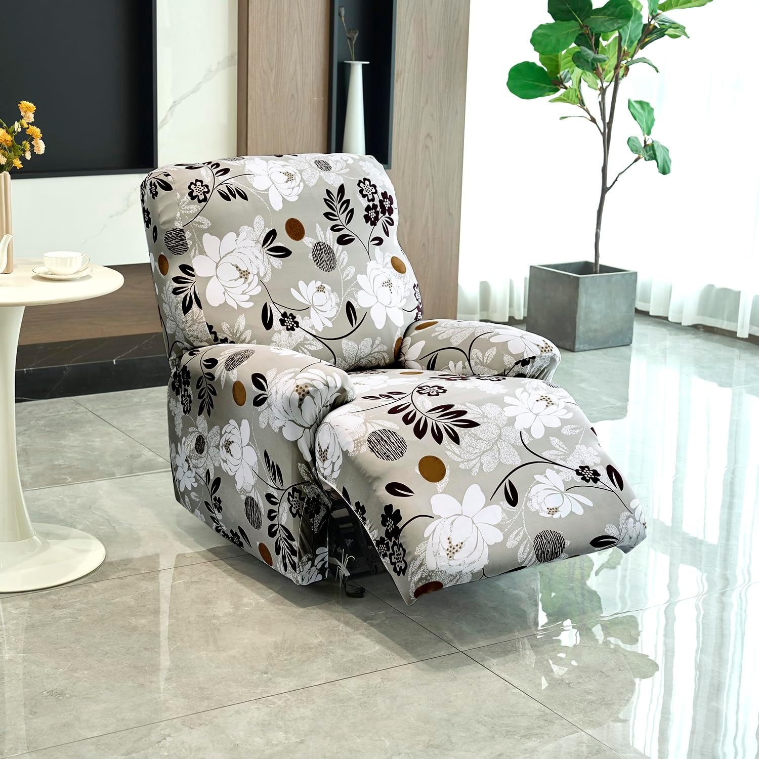 HOKIPO 'Elira Series' 140gsm Stretchable Recliner Sofa Cover 1 Seater, Feather Brown Floral (AR-4940-C1)