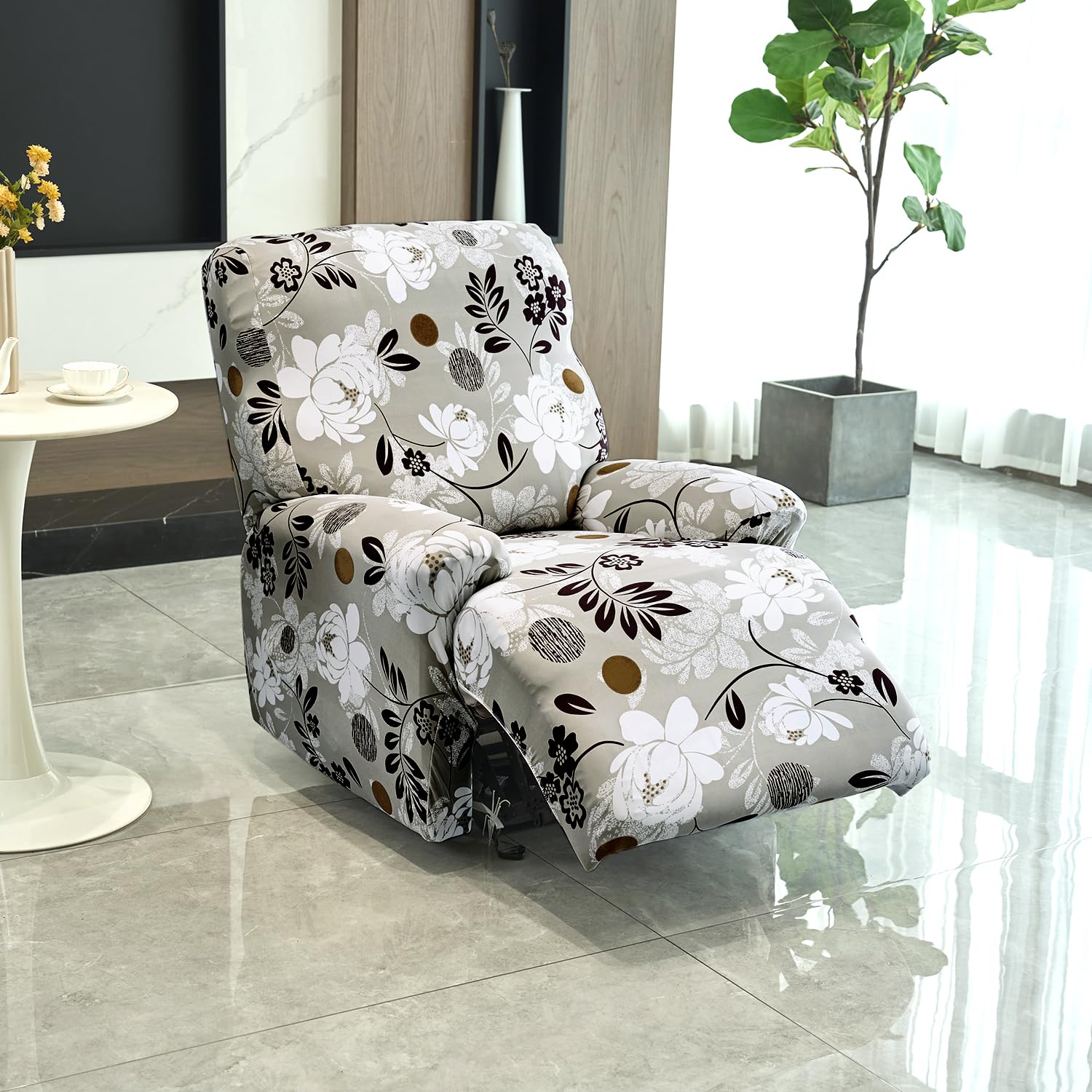 HOKIPO 140gsm Stretchable Recliner Sofa Cover 1 Seater, Feather Brown Floral (AR-4940-C1)
