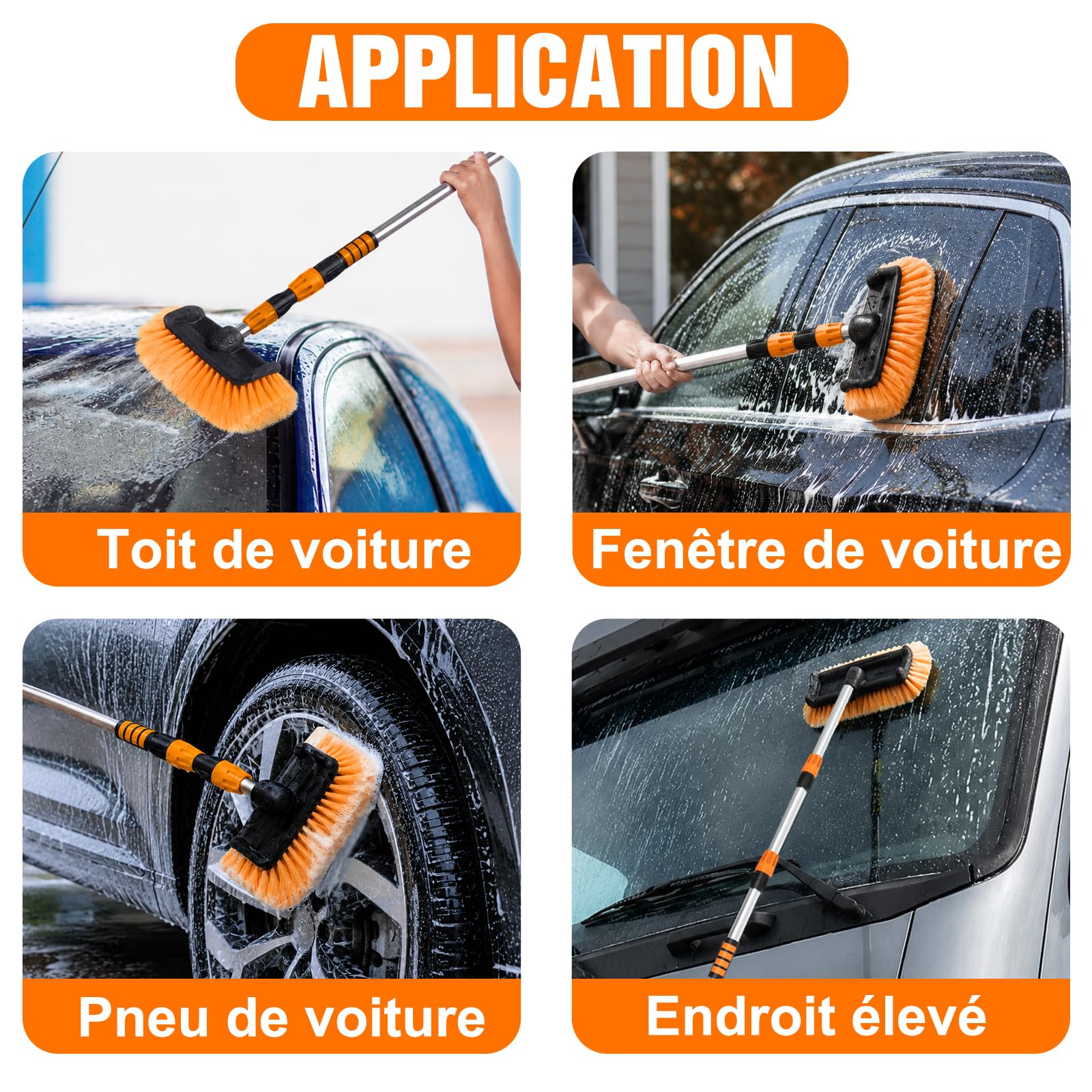 LAANPOLE Brosse Lavage Voiture 3,6m, Brosse Nettoyage Voiture avec Poils Doux 30cm Et Distributeur De Savon, Balai Nettoyage Voiture avec Perche Télescopique pour Camping-Car, Camion, Bateau, Orange