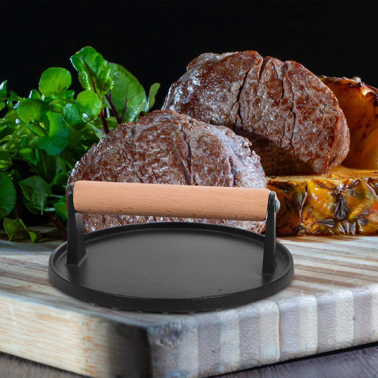 Prensa Formas Redonda y Rectangular con de Hierro Fundido para Hamburguesas Mango de Madera, 2 Piezas, Diseño sin Recubrimiento y Adecuado para Cocina Asados