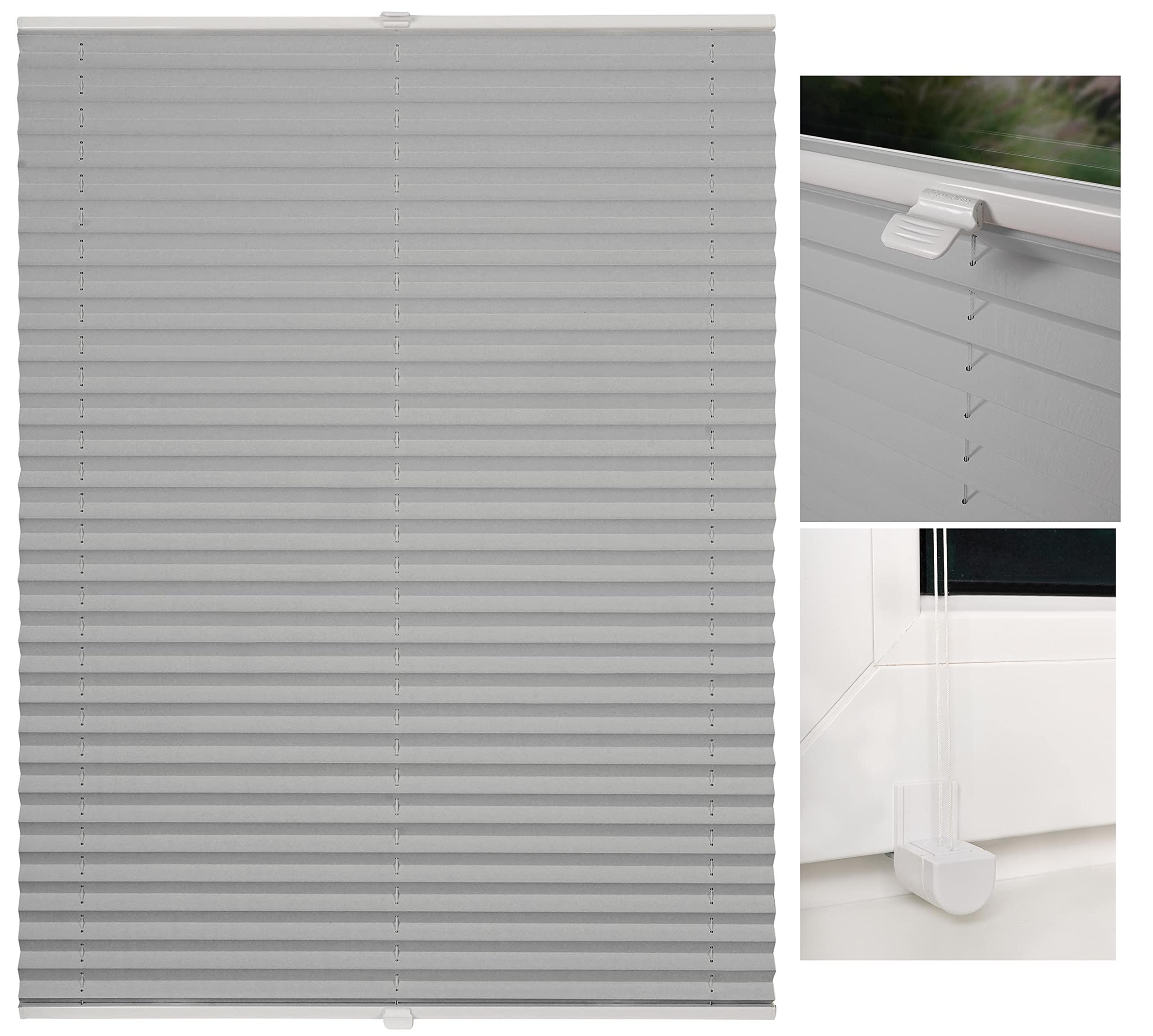 Plissee ohne Bohren Klemmfix Faltrollo Jalousie Plisseerollo Sichtschutz und Sonnenschutz Blickdicht lichtdurchlässig Rollo für Fenster & Tür Silber 115x130 cm