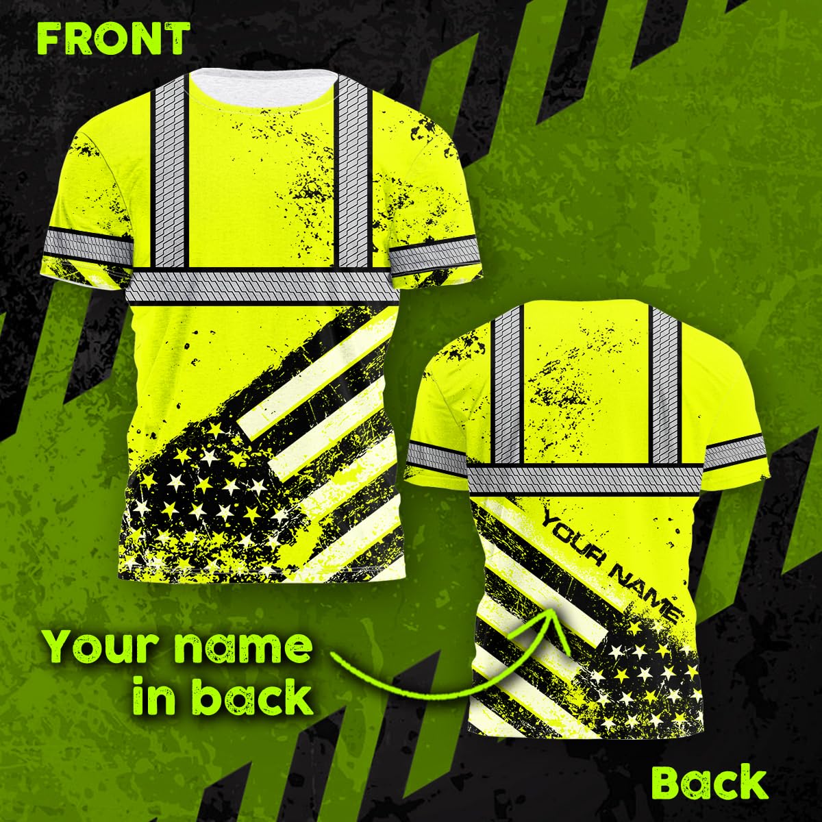 HiVis Custom Lime US Flag Paint Safety Hi Vis Workwear Customize Name High Visibility Shirt for Men Reflective Shirt Construction Workwear for Runners, Walkers, Trucker, Operator, Patriotic-M