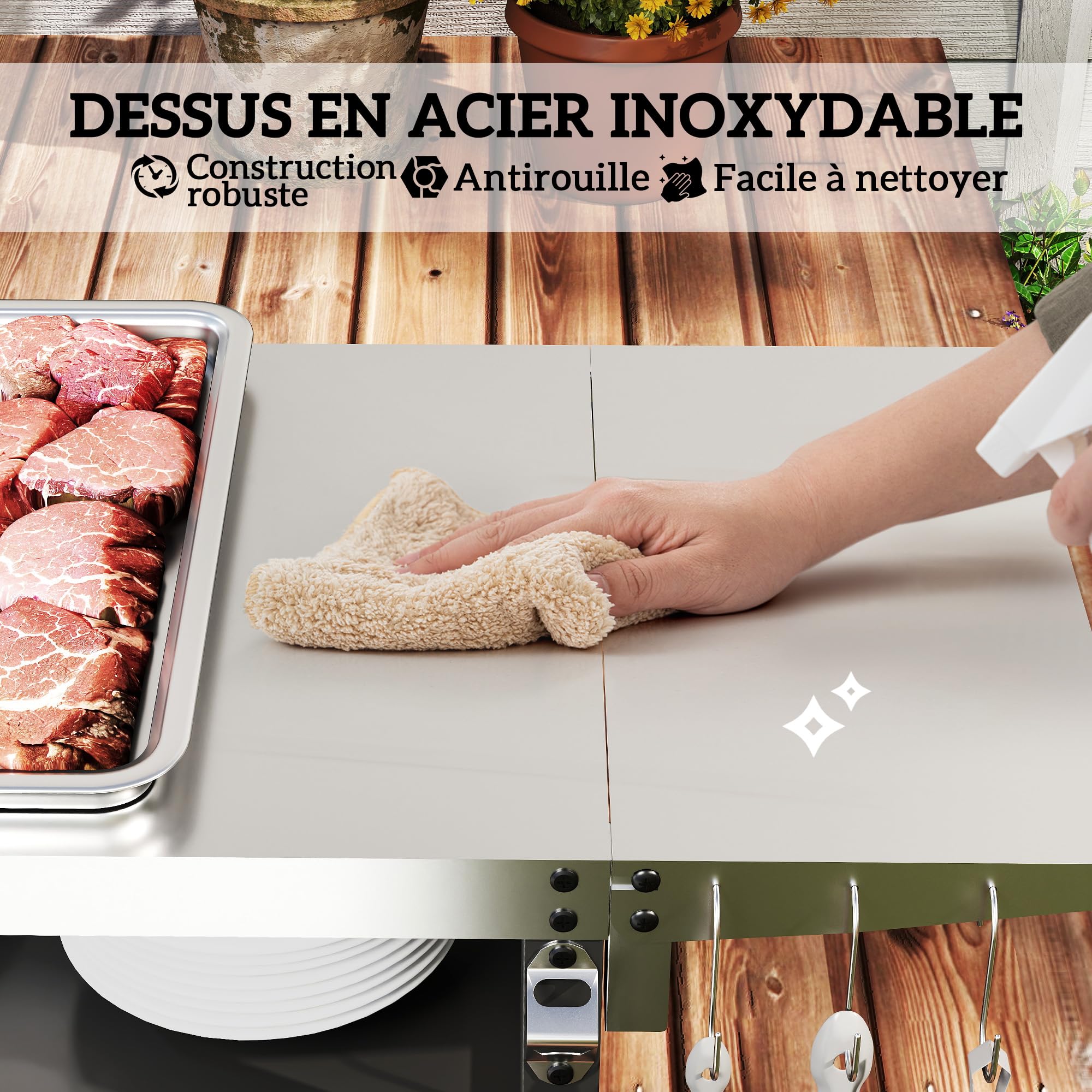 Outsunny Chariot de Barbecue avec Tablette Pliable, desserte pour Plancha en Acier Inoxydable, roulettes, 116 x 50 x 93 cm, Noir