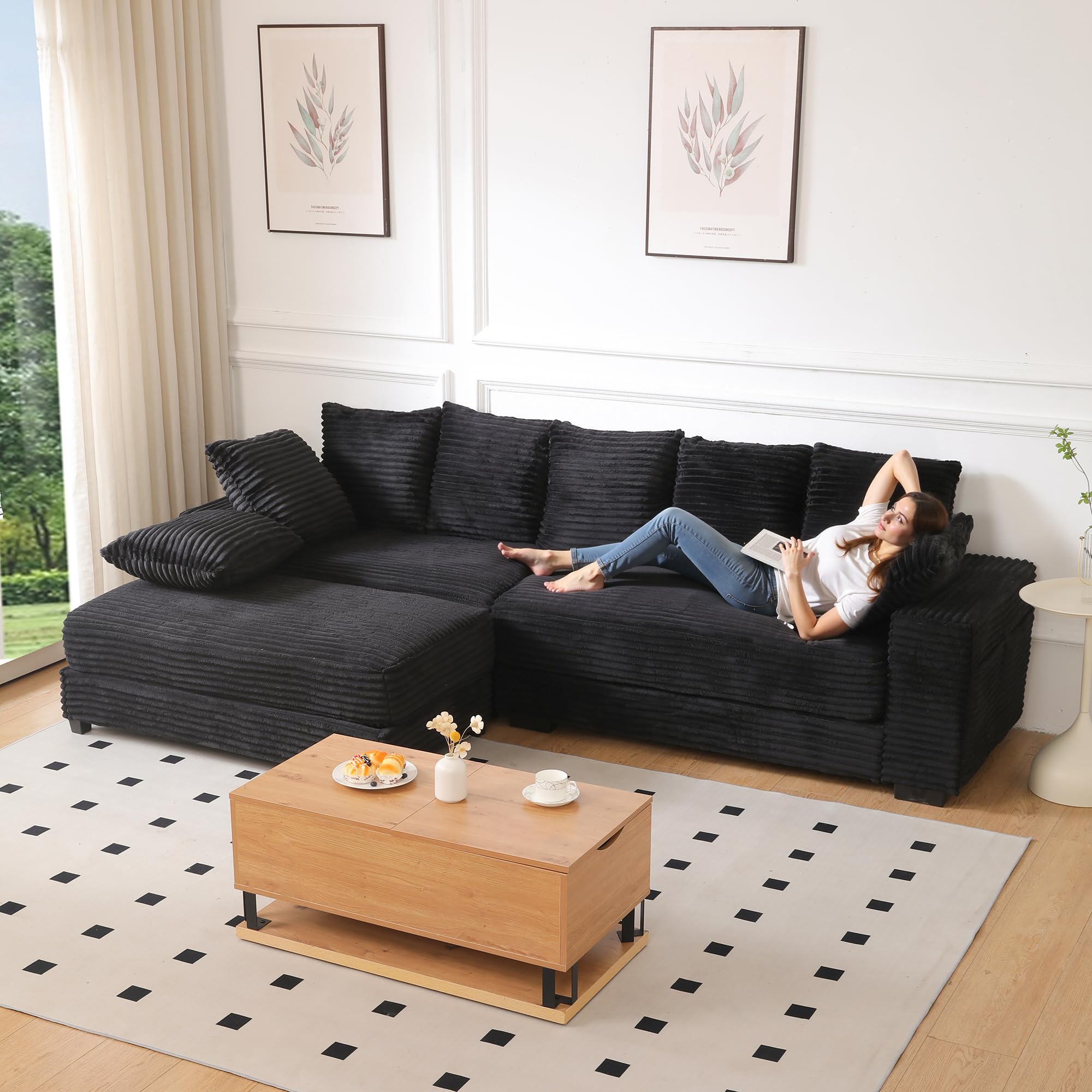 108.6" Modular Sectional Sofa with Movable Ottoman & Storage, Modern Corduroy Cloud Couch with 8 Pillows, Deep-Seat L-Shaped Sectional for Living Room