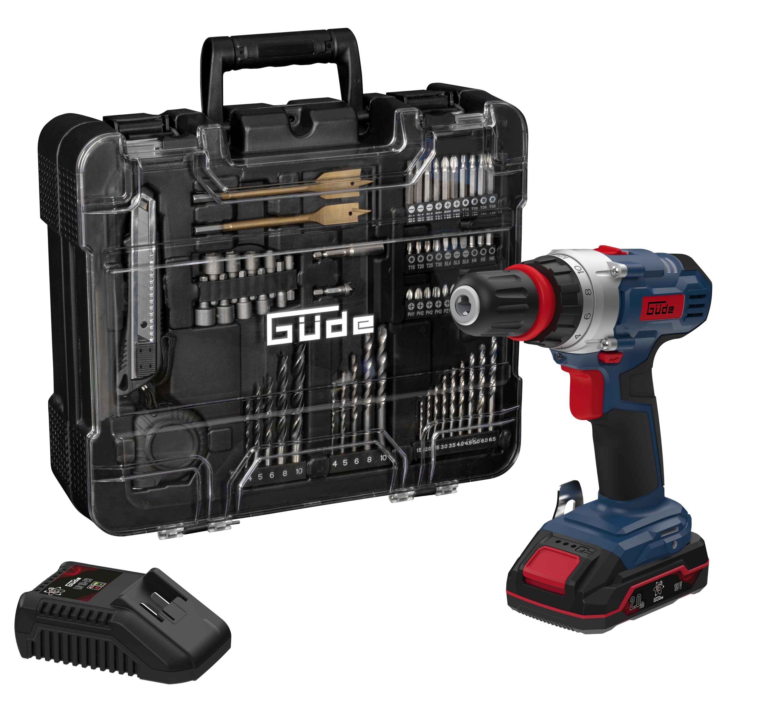 Güde Akku Bohrschrauber BS 18 - Set 126tlg. (18 V, mit Bit-/Bohrer-Set im Koffer, 2-Gang, 19+1 Drehmomentstufen, max. 30 Nm, 10 mm Schnellspannbohrfutter, LED-Licht, inkl. Akku & Schnellladegerät)