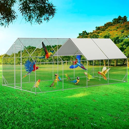 Gallinero de metal grande mejorado de 10 x 26 x 6.6 pies con corrido para 30 pollos, corridos de pollo para patio con cubierta para resistente al
