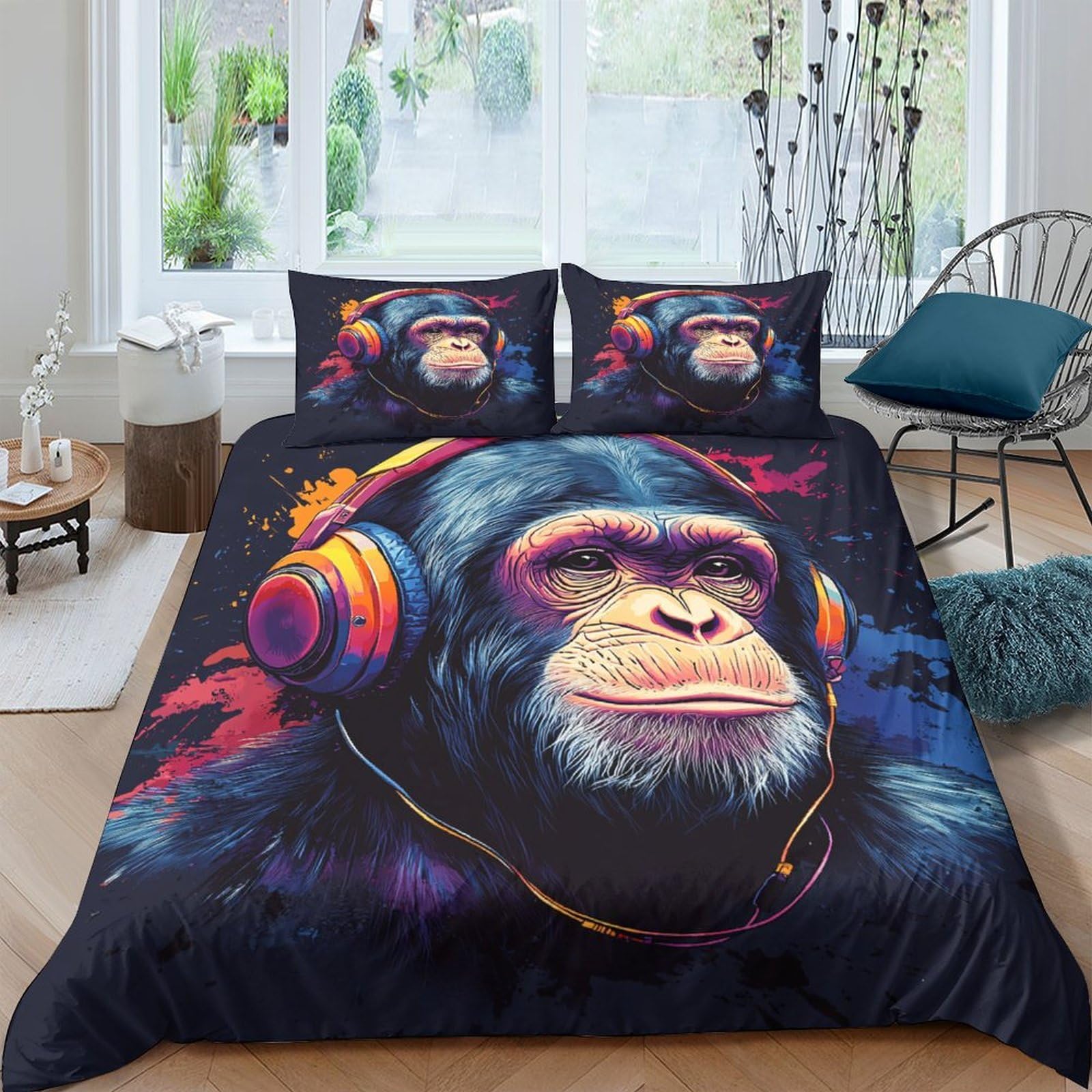 Ctjqhvkz Style-7 3D Printed Headphone Monkey Fitted Sheet Microfiber Soft Anti-Slip Bed Sheet Graffiti Art Bed Cover For Bedroom Single（135X200cm）