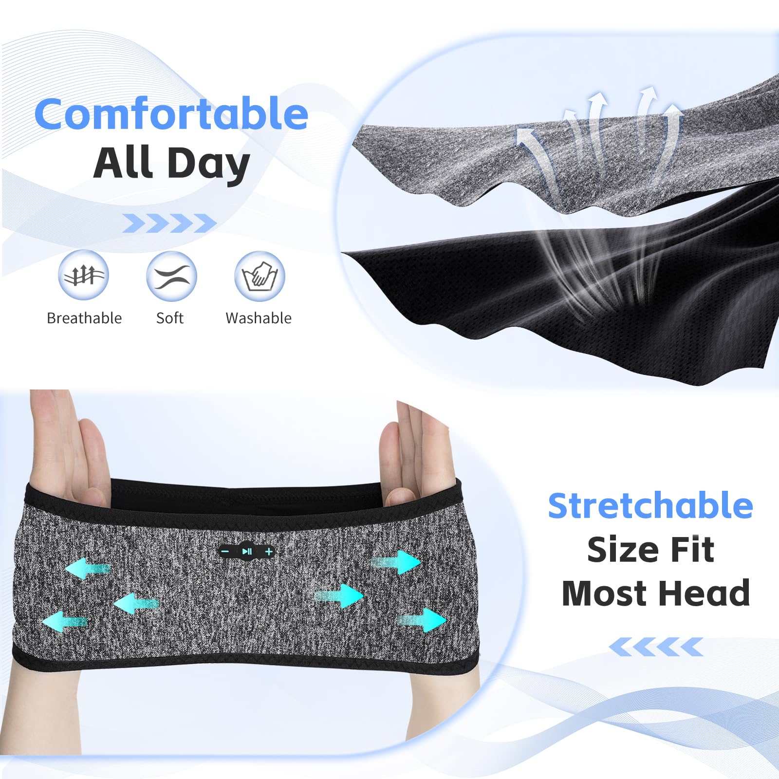 Cuffie per dormire con Bluetooth 6.0, fascia 3 in 1, per dormire, per chi dorme sul fianco, con 20 ore di riproduzione, stereo HD, archetto wireless rimovibile e lavabile, per fare sport durante il