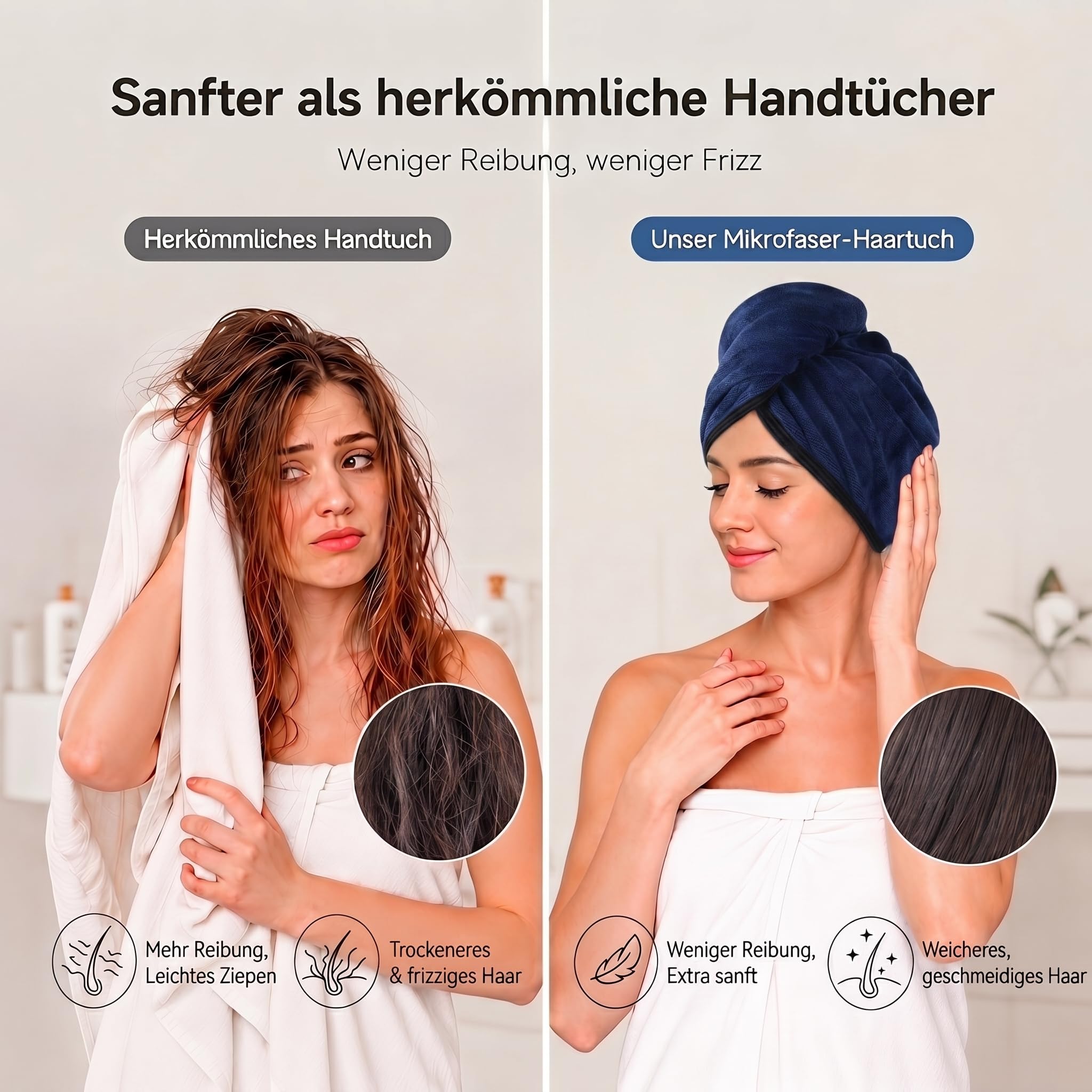 KinHwa Haarhandtuch Mikrofaser 2er Set 30x70 cm – Extra weicher Haarturban mit Knopf für Lange Haare – Verkürzt die Föhnzeit & reduziert Frizz – Saugstarkes Hair Towel für Damen-Dunkelblau