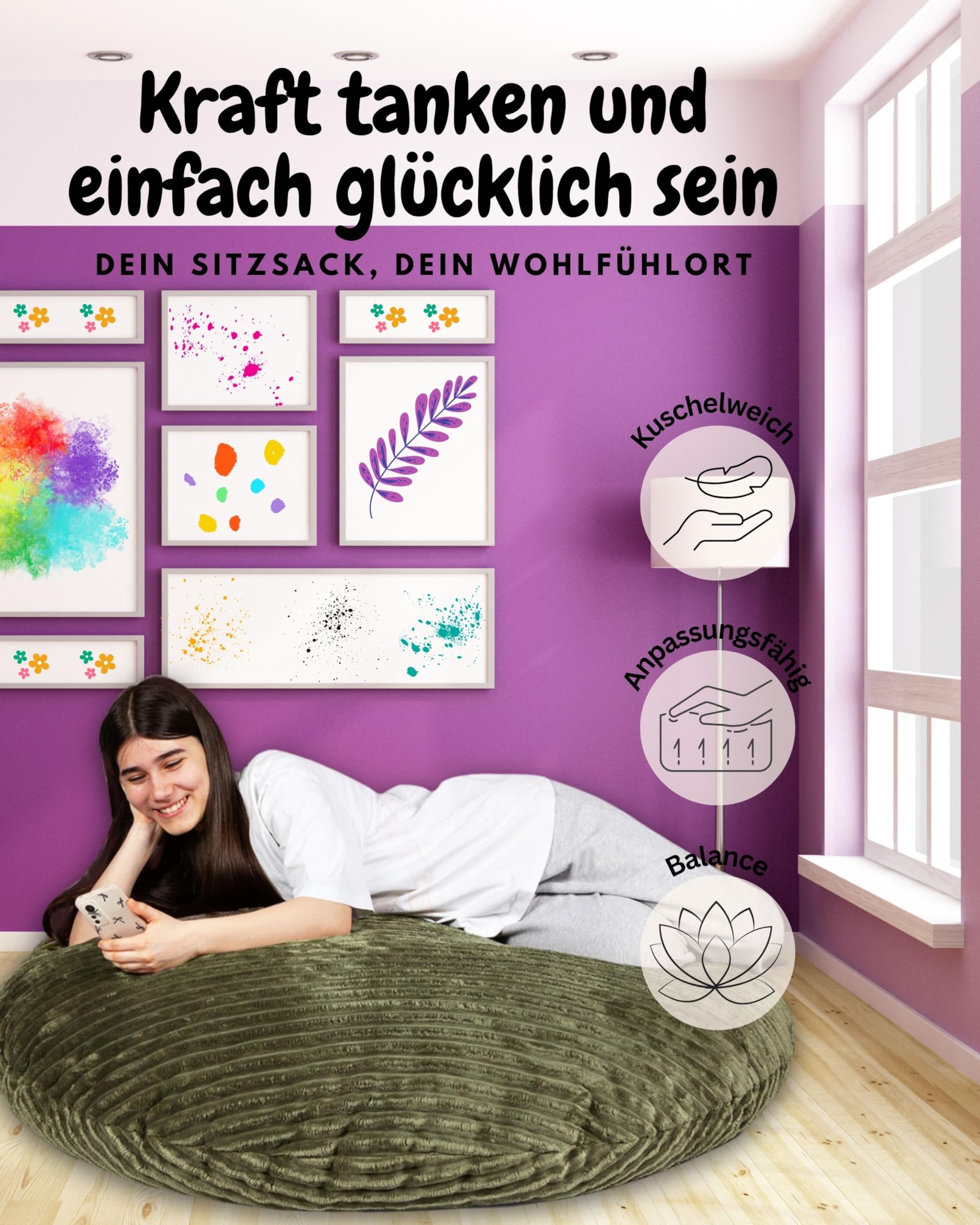 PATCH HOME Deluxe 2 in 1 Cord Sitzsack Sessel Bean Bag – Gaming Sitzsäcke für Erwachsene & Kinder mit Reißverschluss – Bereits befüllt – Ideal zum Sitzen und Liegen (Olivegrün, Ø155 cm)