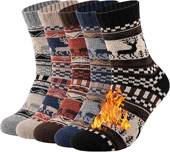 COOVAN Mens Wool Socks 5 Pairs Warm Thick Winter Wool Hiking Socks for Men 5 Pack Cozy Knit Thermal Crew Socks