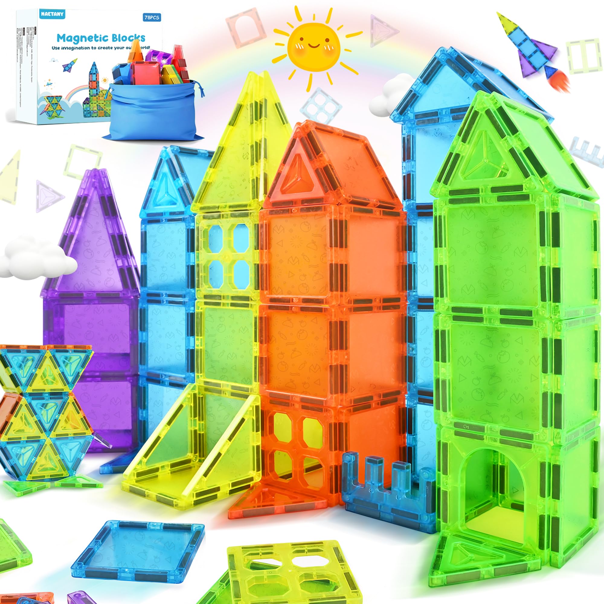 NAETANY Costruzioni Magnetiche per Bambini 78 Pezzi Costruzione Magnetica 3D Blocchi Magnetici Educativi Calamite Montessori per Bambini 3 4 5 6 7 8 Anni