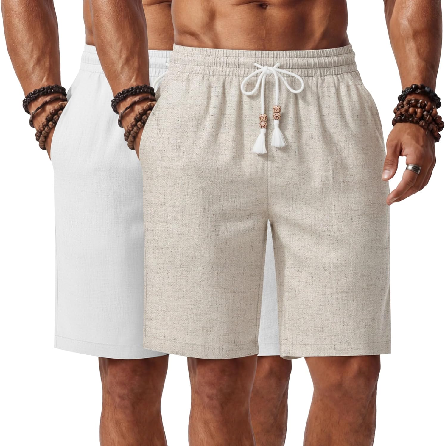 Neer 2 Pack Men's Linen Shorts, Casual Lightweight Drawstring Shorts 9 Inch Inseam Elastic Waist Short Pants with Pockets