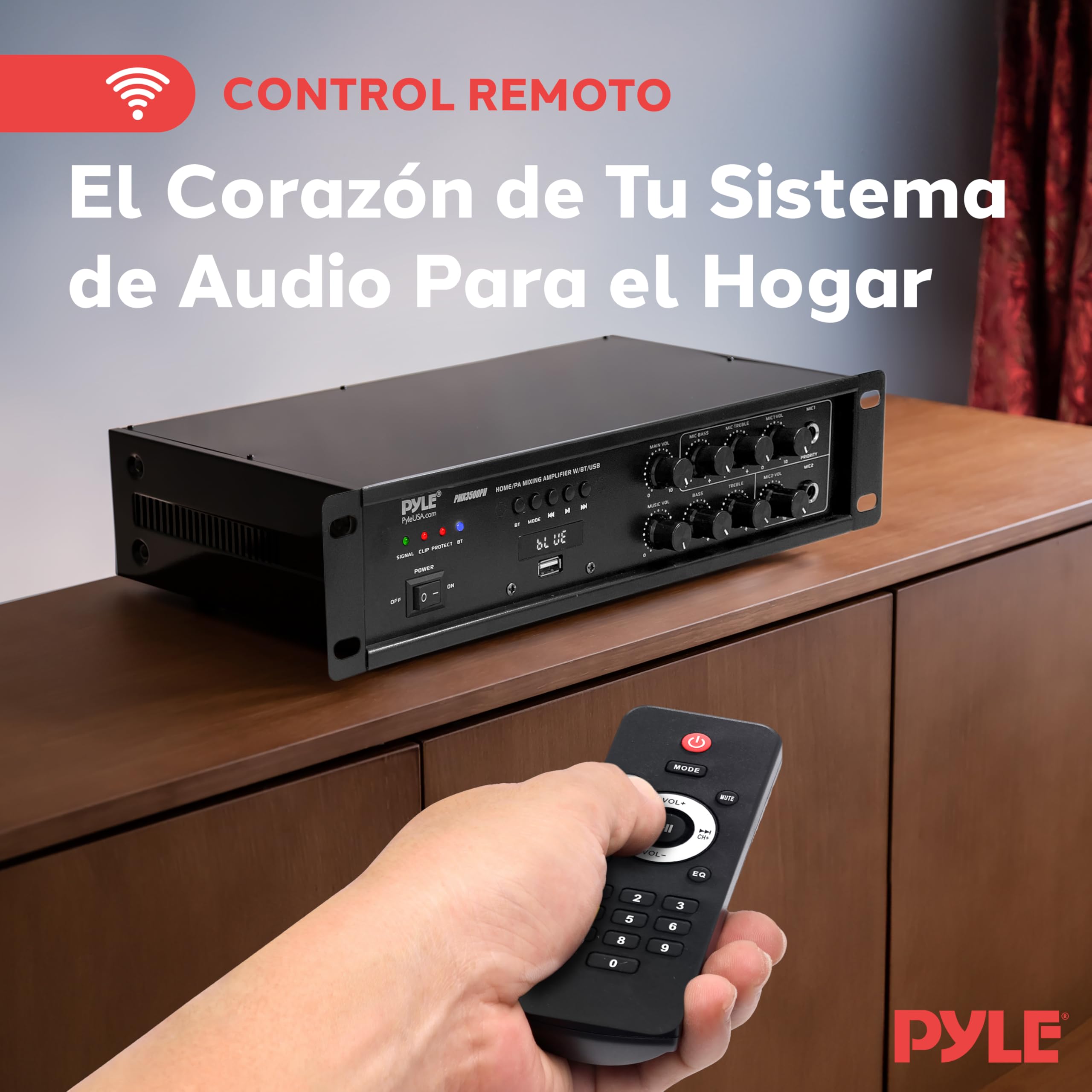 Pyle PMX3500PH - Amplificador de Mezcla de Audio para el hogar con Bluetooth para el hogar, Receptor de Potencia estéreo con Radio FM, Pantalla LED Digital, USB/AUX/micrófono, óptico/coaxial, AC-3