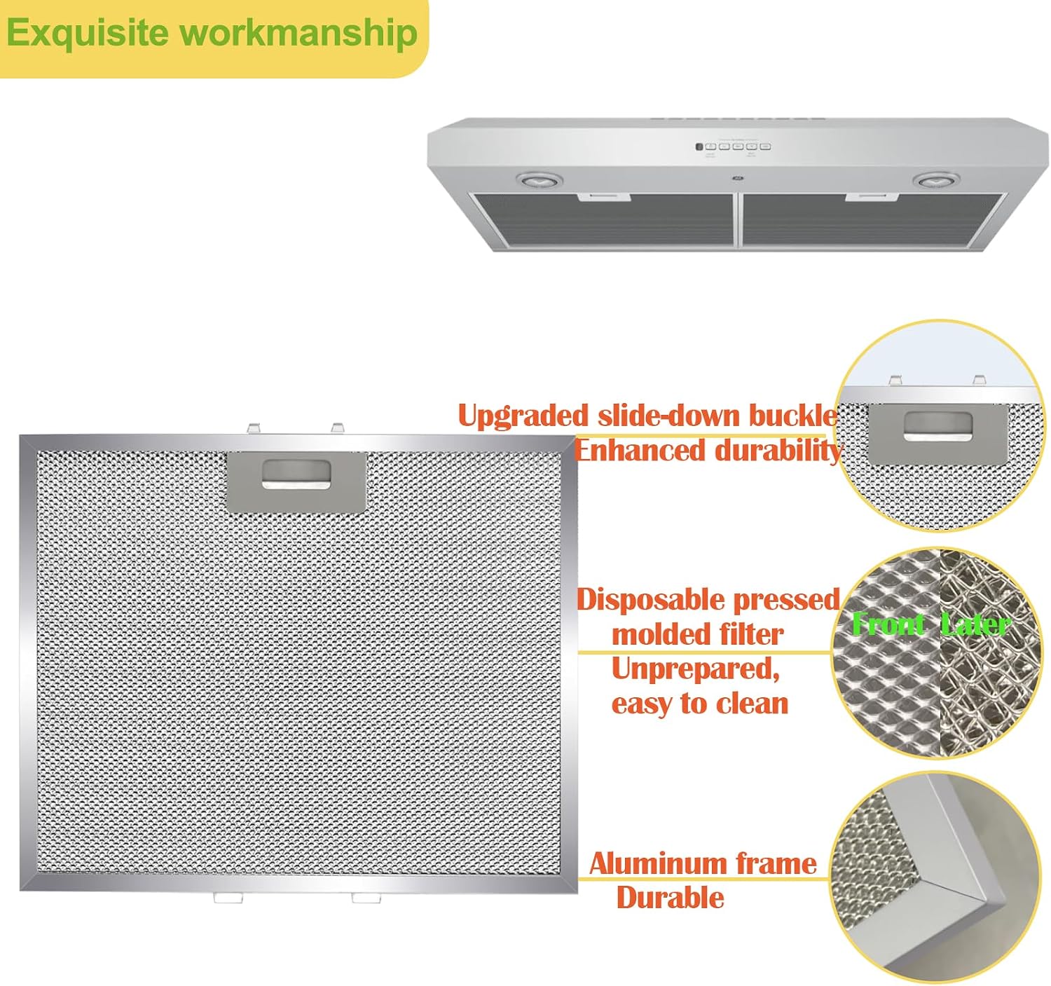 WB02X11011 Filter for GE Range Hood, Replacement, 14-1/2 x 11-5/8 | Fits GE JV636H1SS / JV636H2SS / JV536 Series, Size 14-1/2" x 11-5/8", 5-Layer Aluminum Grease Filter