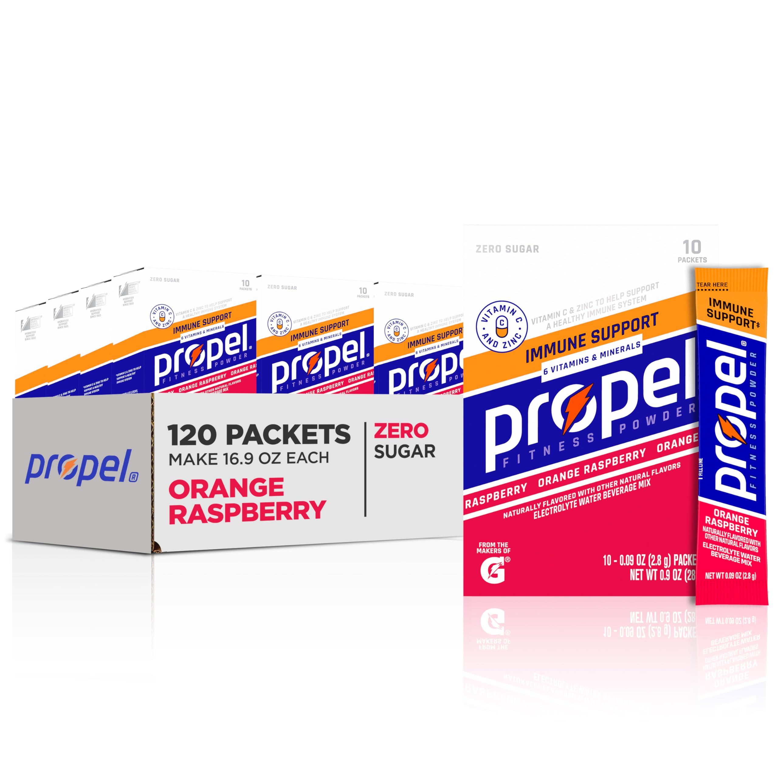 Propel Immune Support Electrolyte Enhanced Water Drink Mix Powder Packets, Orange Raspberry, 100% DV Vitamin C, Good source of Zinc, Zero Sugar Hydration with Electrolytes and Vitamins (120 Packets)