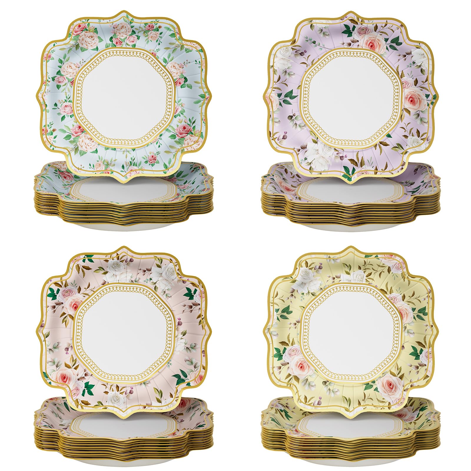 Floral Paper Plates Spring Tea Party Disposable Plates Tableware for Mother's Day Blossom Flower Fairy Garden Bridal Birthday Baby Shower Party Supplies, Pack of 48 (9 inch)
