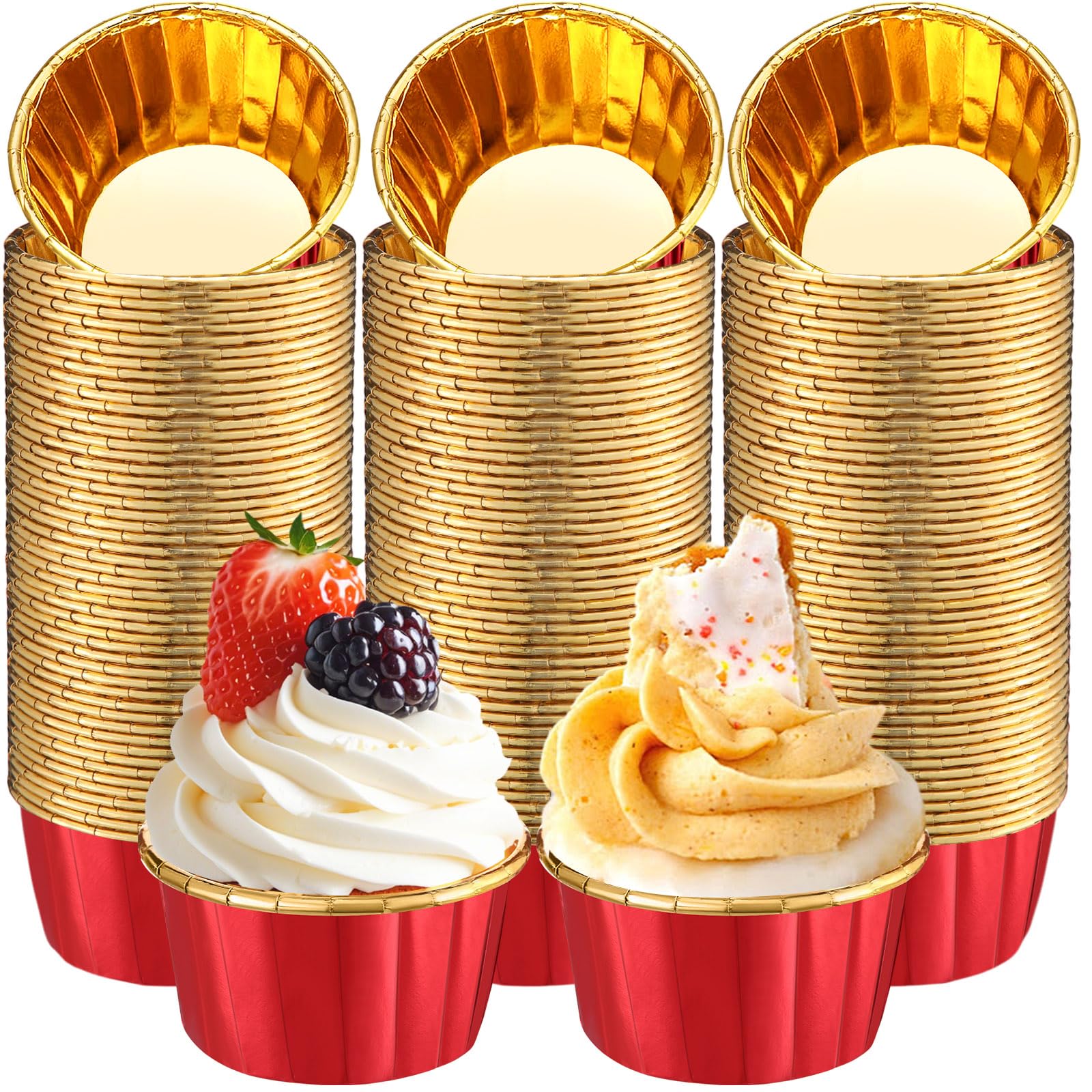 300 Pack Fiery Red Gold Cupcake Liners Disposable Foil Muffin Cup