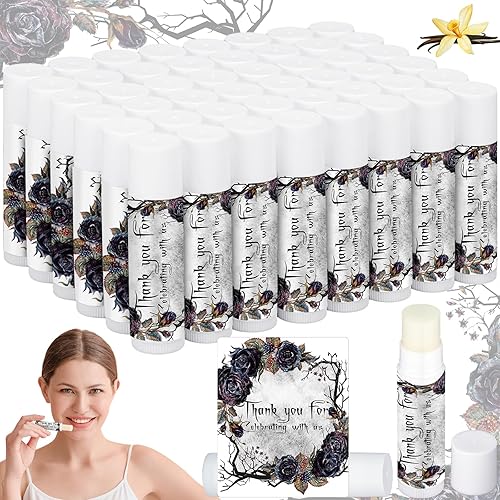 50 unidades de bálsamos labiales de agradecimiento para despedida de soltera, regalos de boda, flores negras, dama de honor, despedida de soltera,