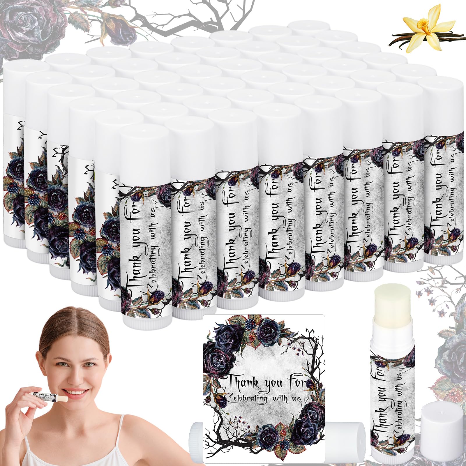 Siifert 50 Pcs Lip Balm Favors Thank You Bridal Shower Wedding Favors Black Flowers Bridesmaid Bachelorette Lip Balms for Guests Wedding Bachelorette Proposal Party Supplies