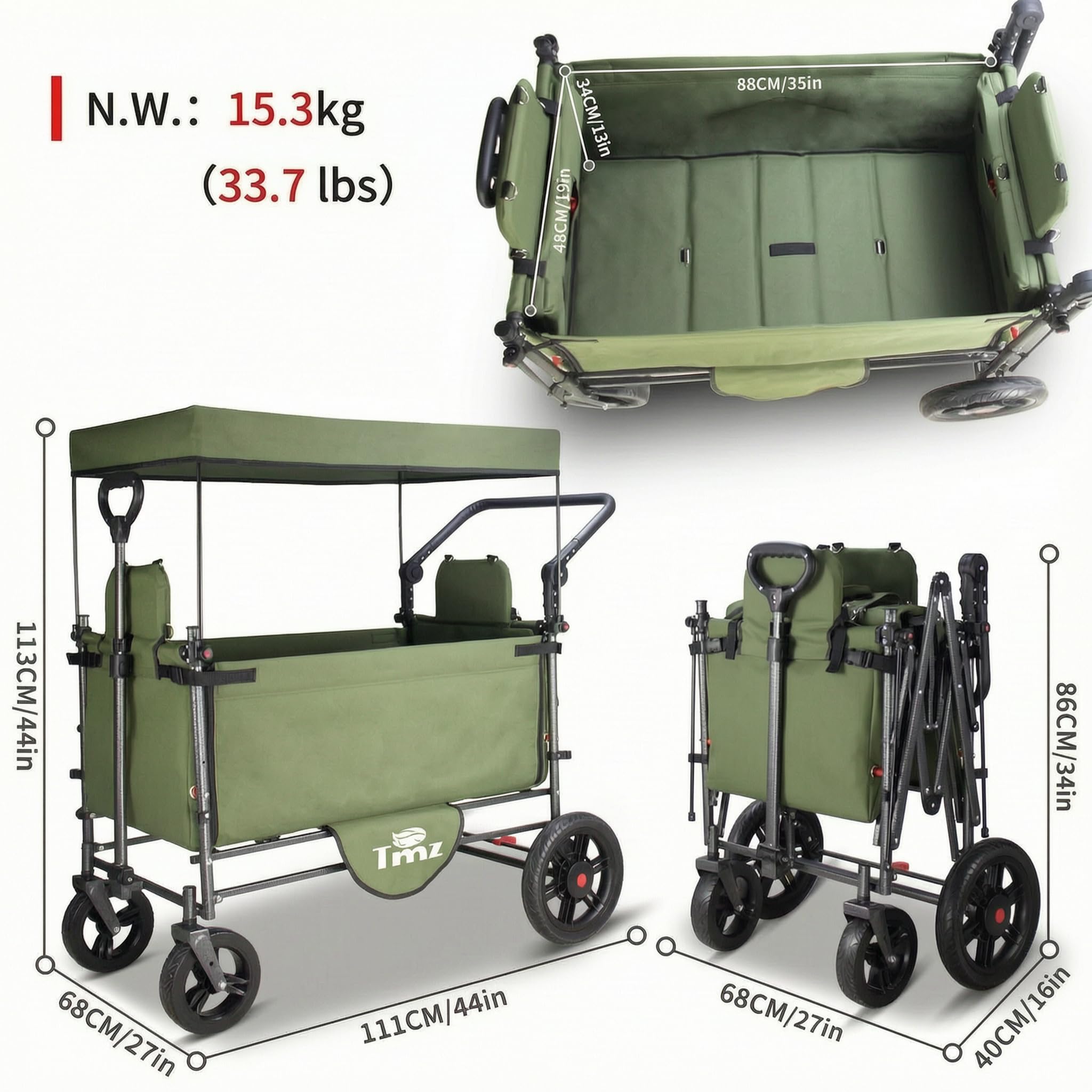 TMZ Faltbarer Bollerwagen mit Seitliche Öffnungsfunktion, Faltbarer Transportwagen mit 2 Sitzen, Handwagen mit Schiebegriff und Bremsen für Outdoor, Camping (Grün)