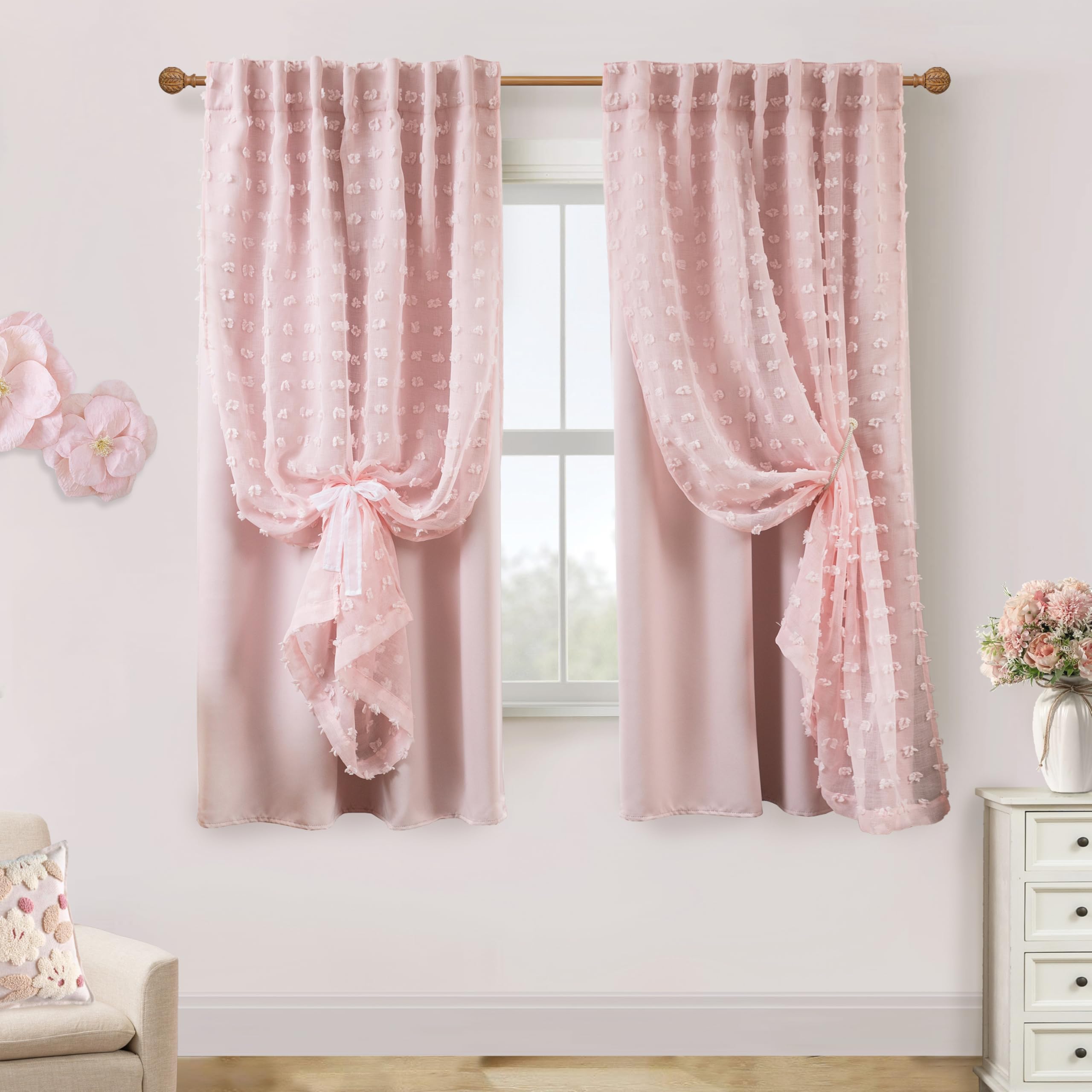 Lino Rosa Pink Sheer Blackout Curtains 63 Inch Length,Romantic Soft Rod Pocket Blackout Girly Curtains for Bedroom