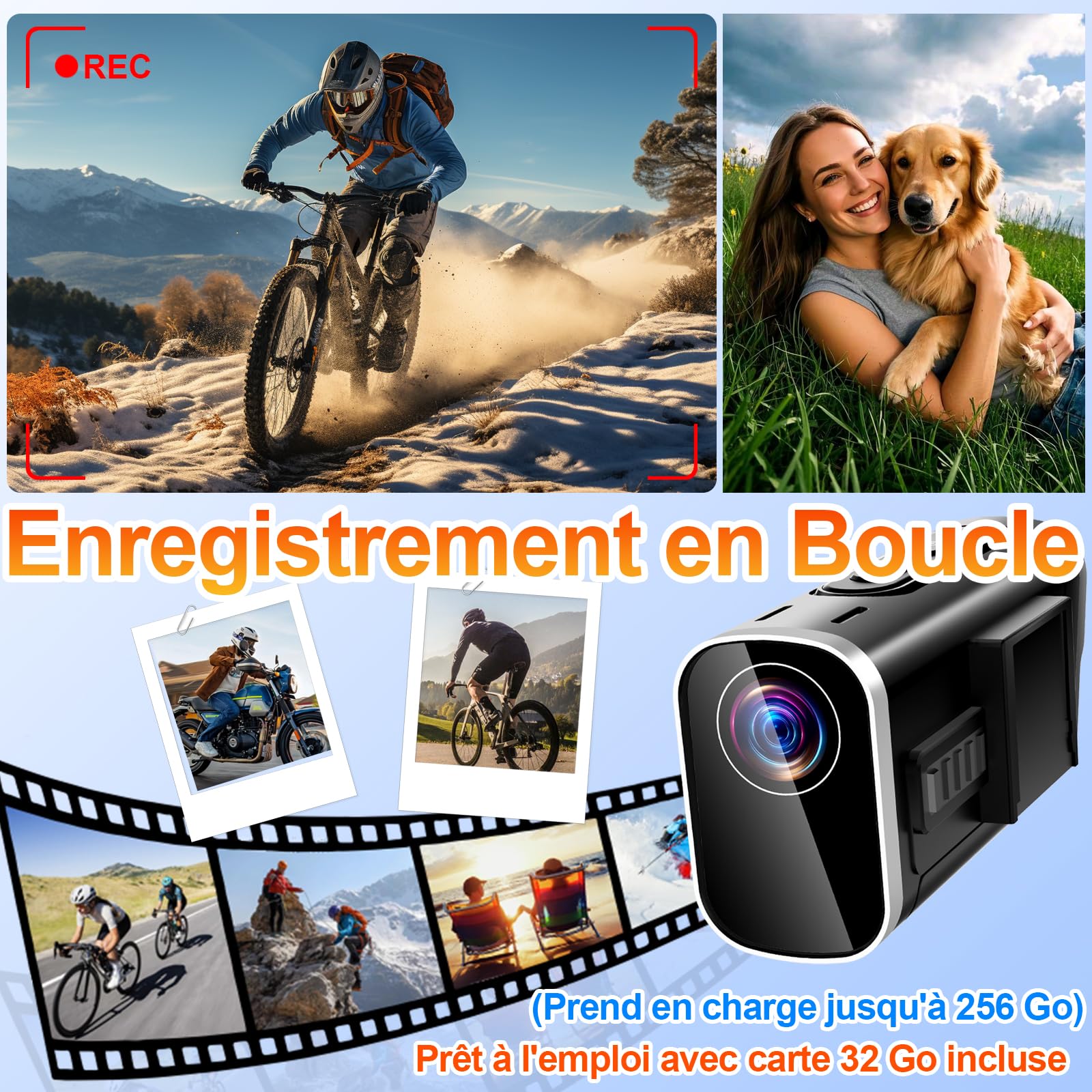 Camera Moto 4K WiFi Double Objectif, 6h avec 32GB