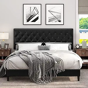 Keyluv Upholstered Platform Bed Frame with Button Tufted Headboard, Faux Leather, Wooden Slats Support, No Box Spring Needed, Easy Assembly, Full Size, Black