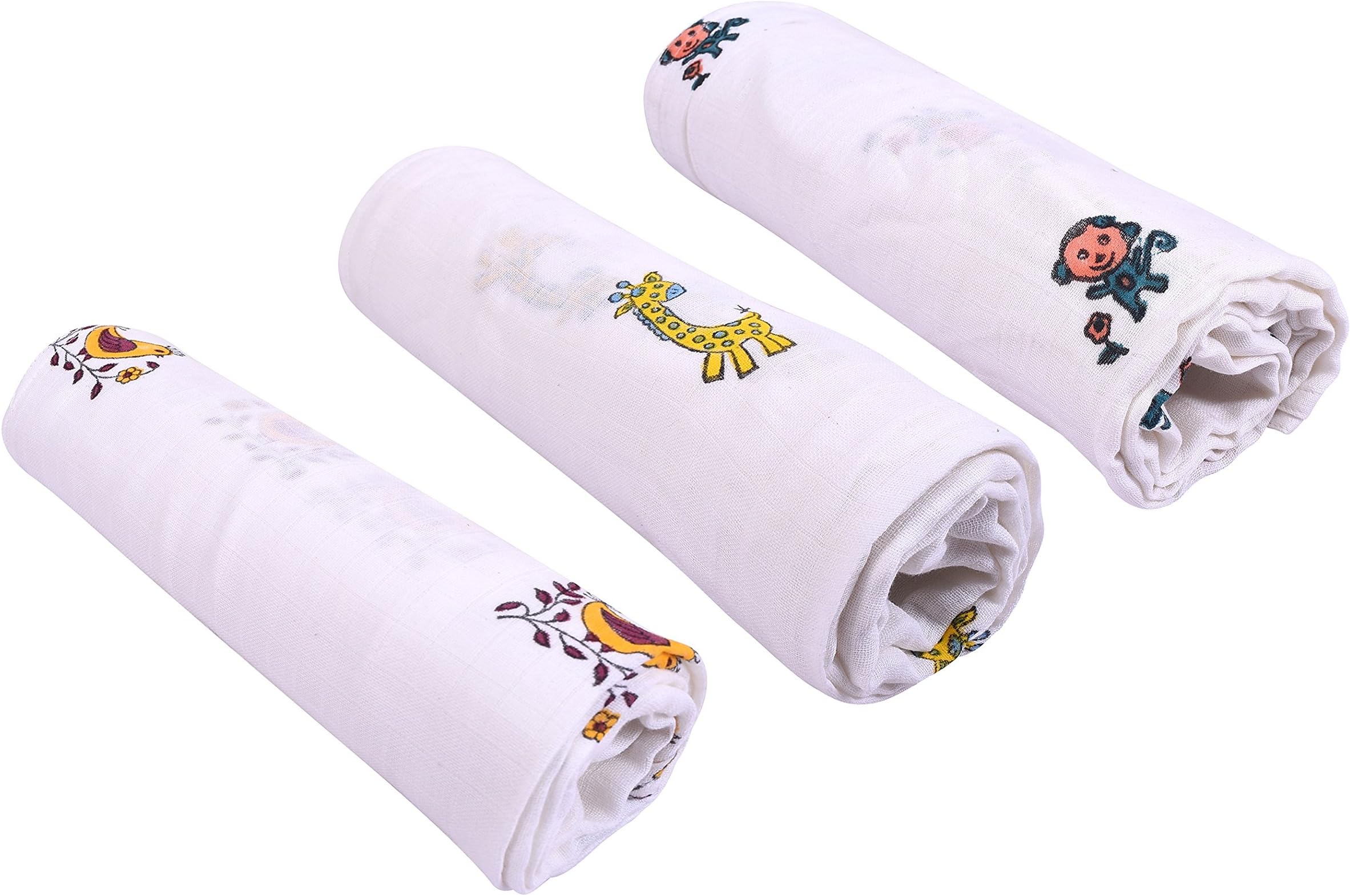 Mom's Home Organic Cotton Baby Muslin Cloth Swaddle - Pack of 3 - (0-12 Months) 92x92 cm - Birds Giraffe Moneky
