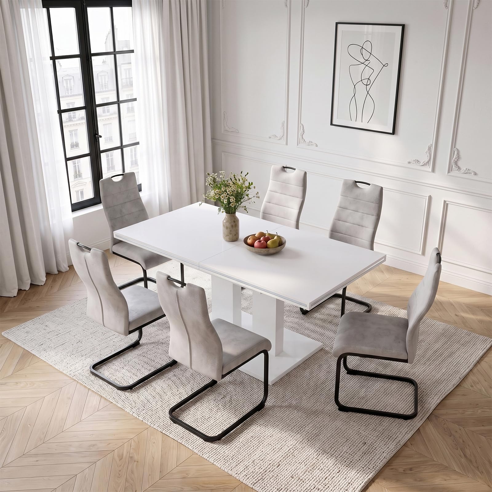 JIEXI Set di 6 tavoli da pranzo espandibili, bianco lucido con 6 sedie in tessuto grigio, moderno piedistallo per cucina, sala da pranzo