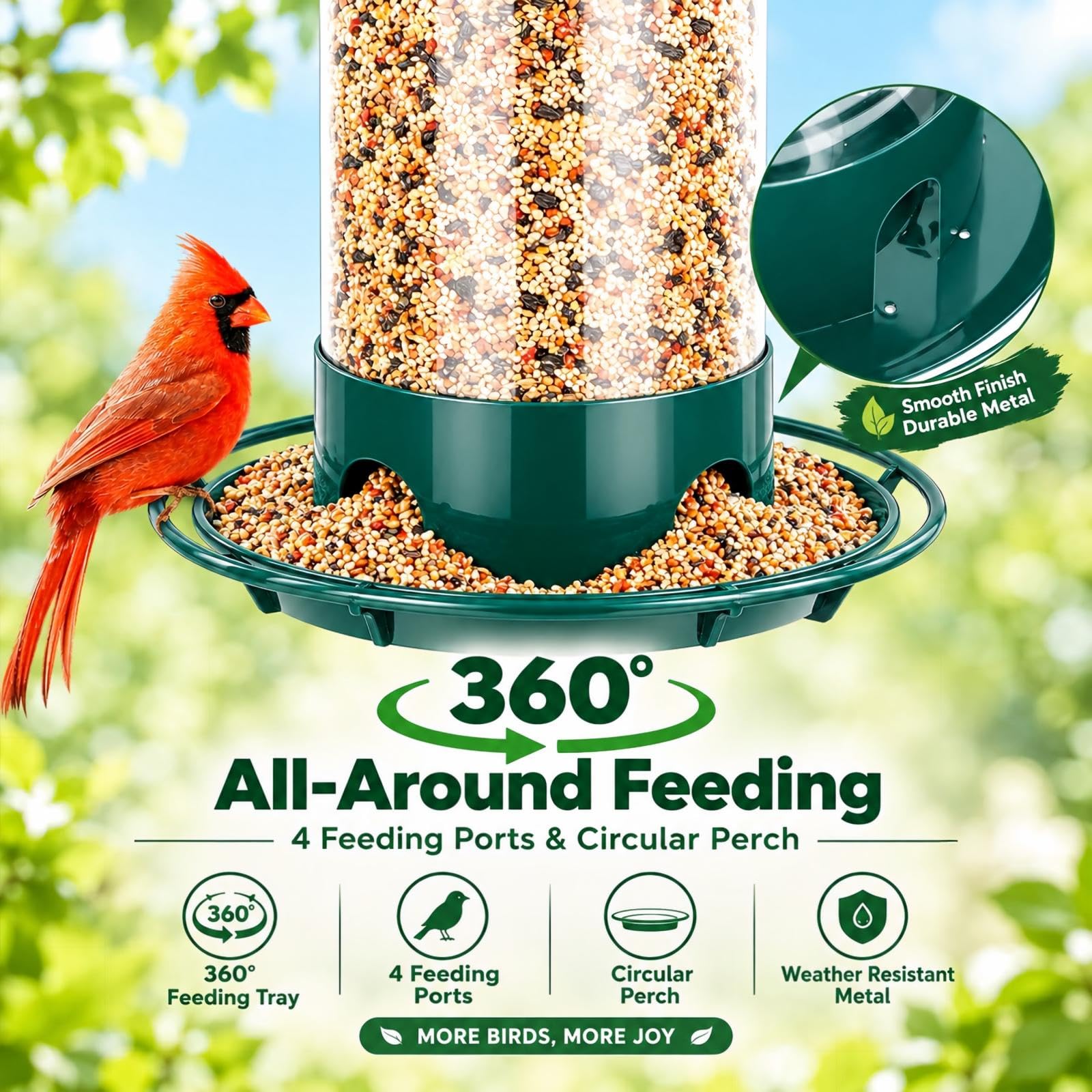 Vogelfutterspender aus Metall, zum Aufhängen im Freien, wetterbeständig, mit 360-Grad-Futterschale, Grün, 2 Stück
