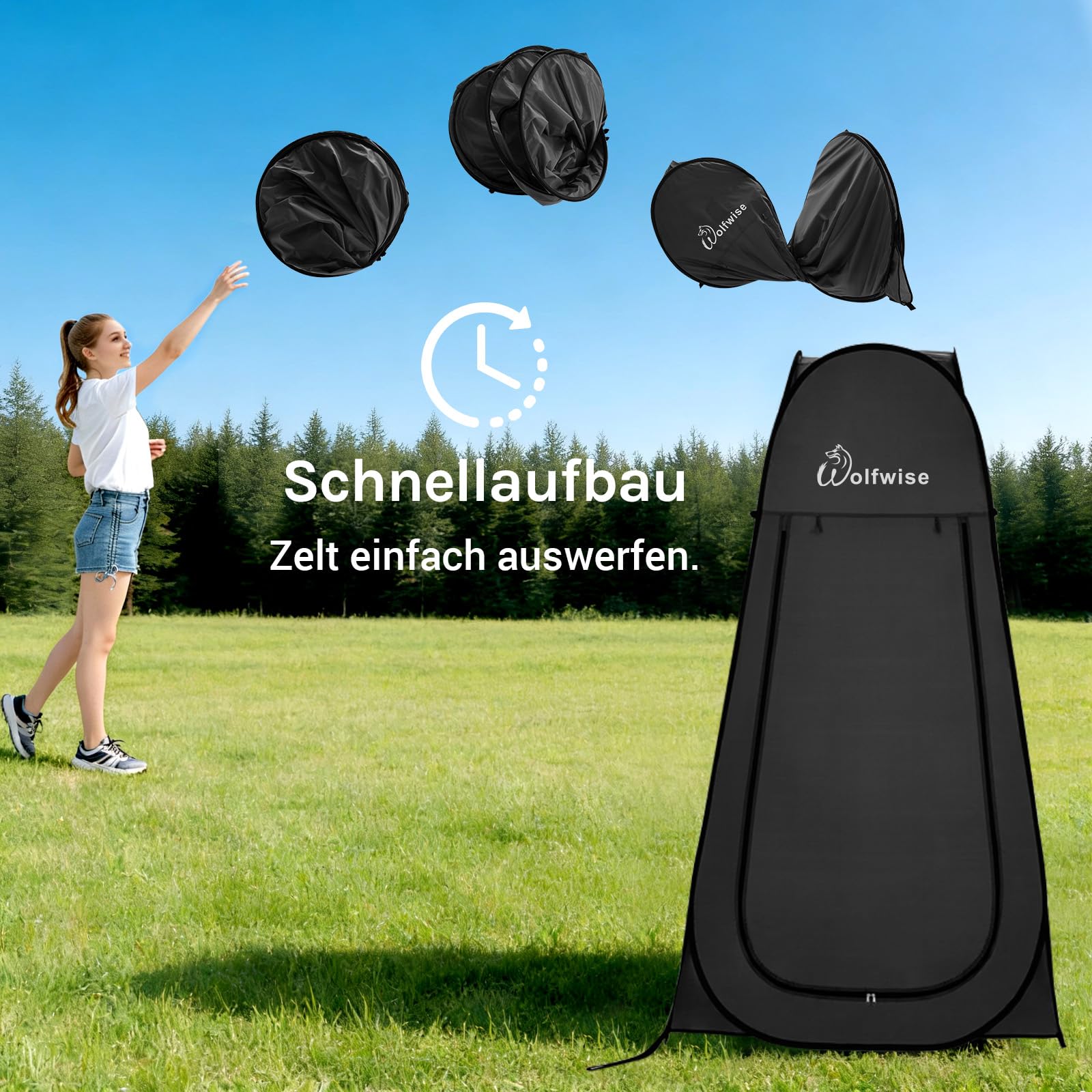 WolfWise Pop-Up Duschzelt Camping & Umkleidezelt – Kompakt & Leicht 2kg mit Tasche, Schneller Aufbau, WC- und Privatzelt, Wasserfest, UV-Schutz, Outdoor, Strand, Wandern, 1,9m/2,1m, Schwarz/Grün/Blau