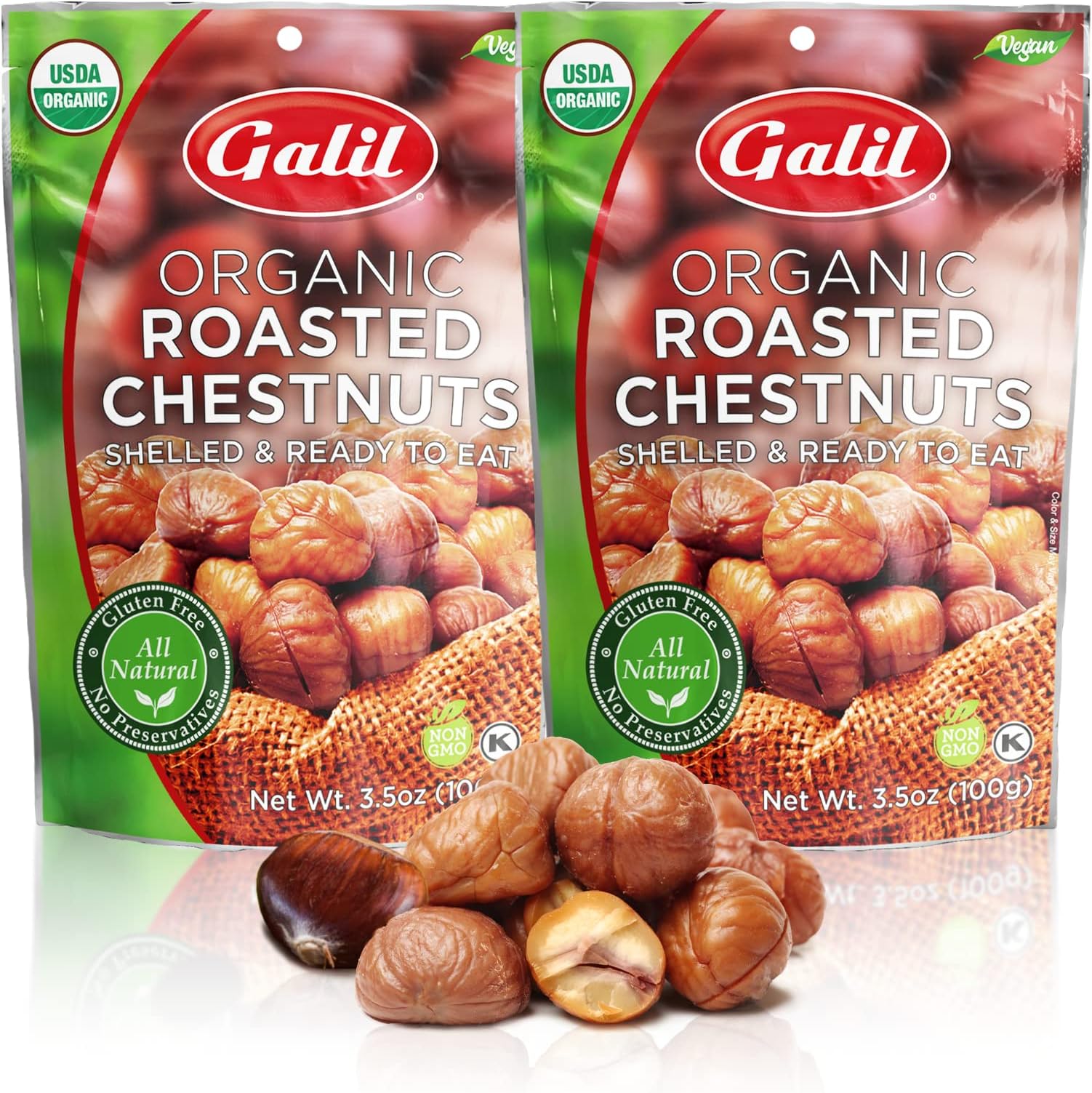 Galil Organic Roasted Chestnuts Pack of 2 - Shelled & Ready to Eat - Gluten Free, Vegan, Organic, Non-GMO, Kosher Snacks - Great for Baking, Cooking & Turkey Stuffing 3.5oz Bags