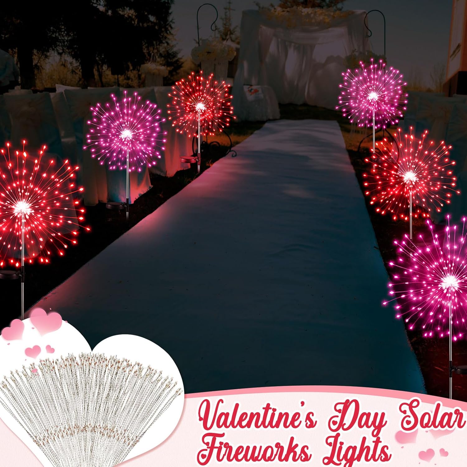 Tujoe 6 Pcs 4th of July Solar Firework Lights Patriotic Solar Light Outdoor Garden 120 LED 8 Modes Waterproof LED Sparkler Light for 250th Anniversary Patio Yard Pathway Walkway (Red,Pink)