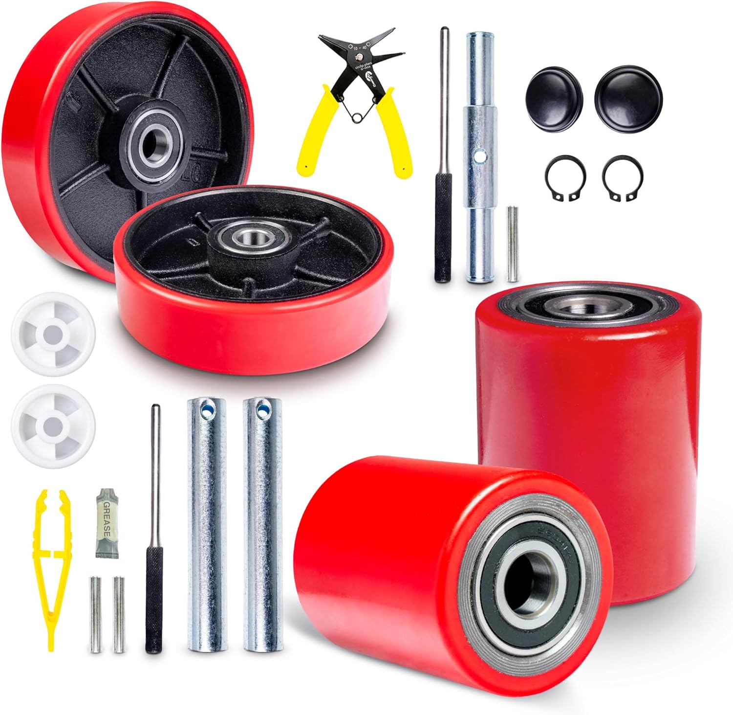 Pallet Jack/Truck FULL SET RED with Axles, Steering Wheels 7"x 2" Pair, Front Load Roller 3" x 3.75" Pair with Bearings ID 20mm Poly Tread Red, Entry Exit Roller and Protective Caps